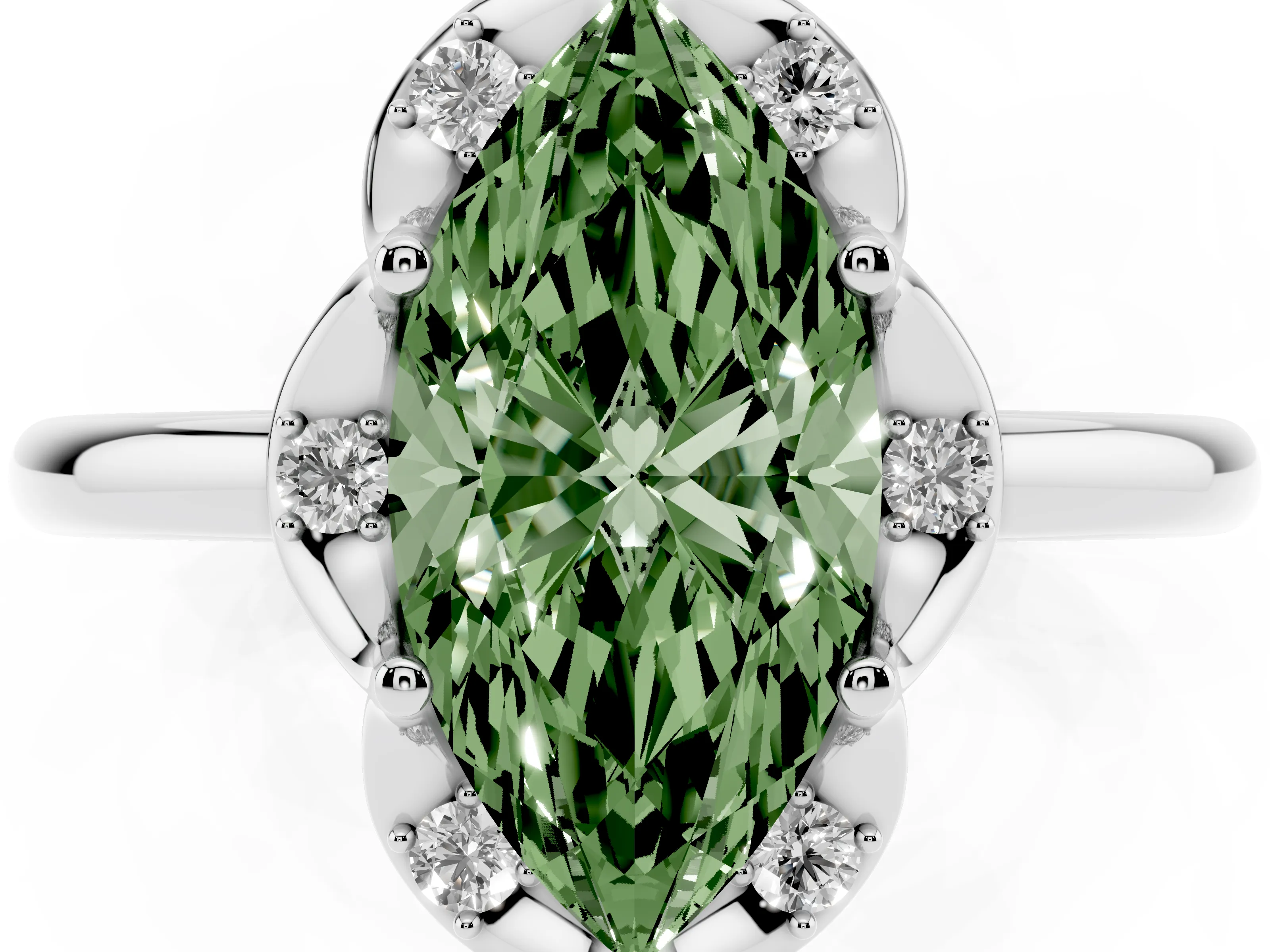 Fancy Green Marquise Cut Diamond Round Cluster Halo Ring Set in White gold with Solitaire Band and Prong Setting
