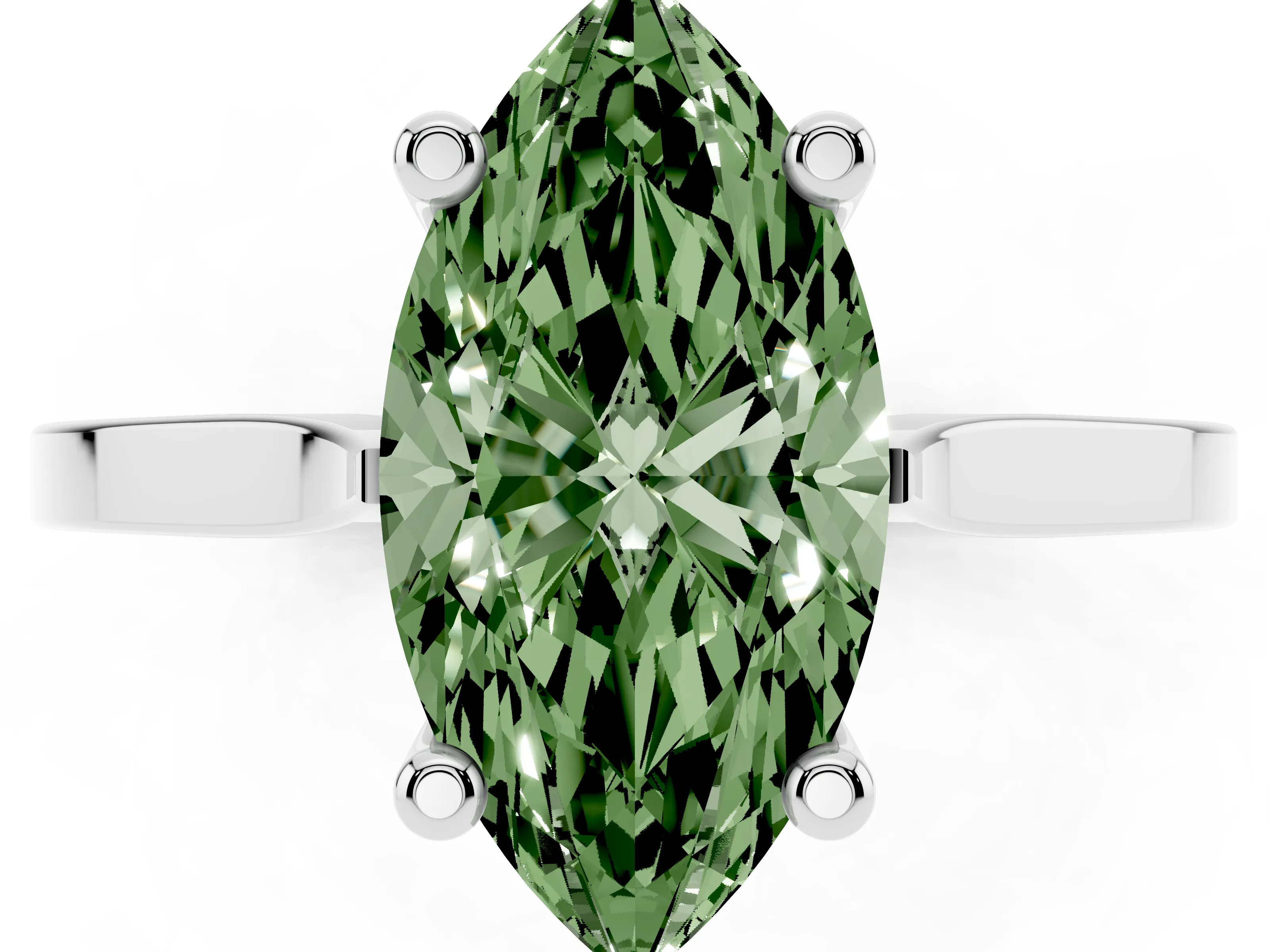 Fancy Green Marquise Cut Diamond Solitaire Ring Set in Platinum with Prong Setting and Tapered Band