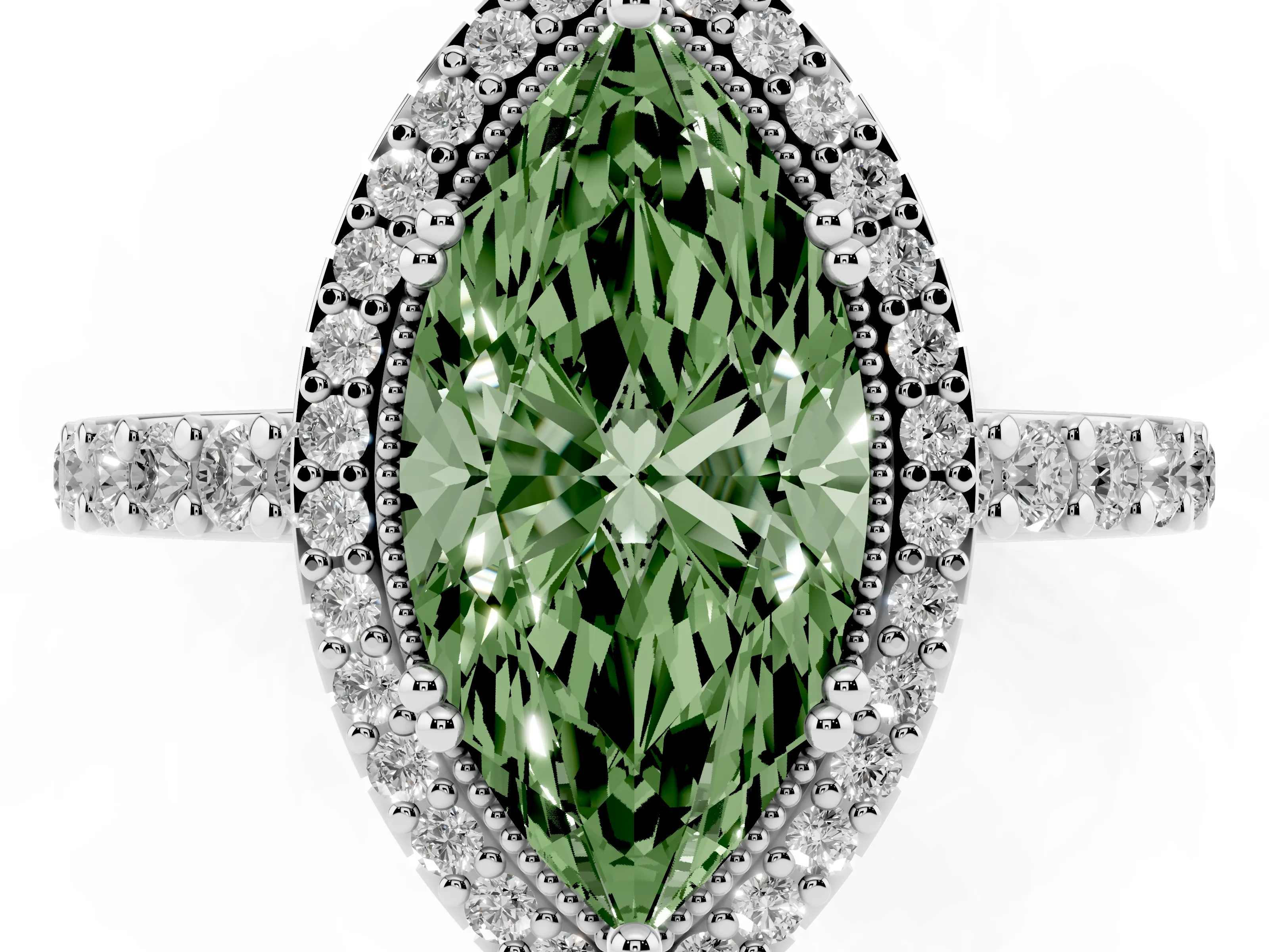 Fancy Green Marquise Cut Diamond Halo Engagement Ring Set in White gold with Milgrain Detail and Pavé Band