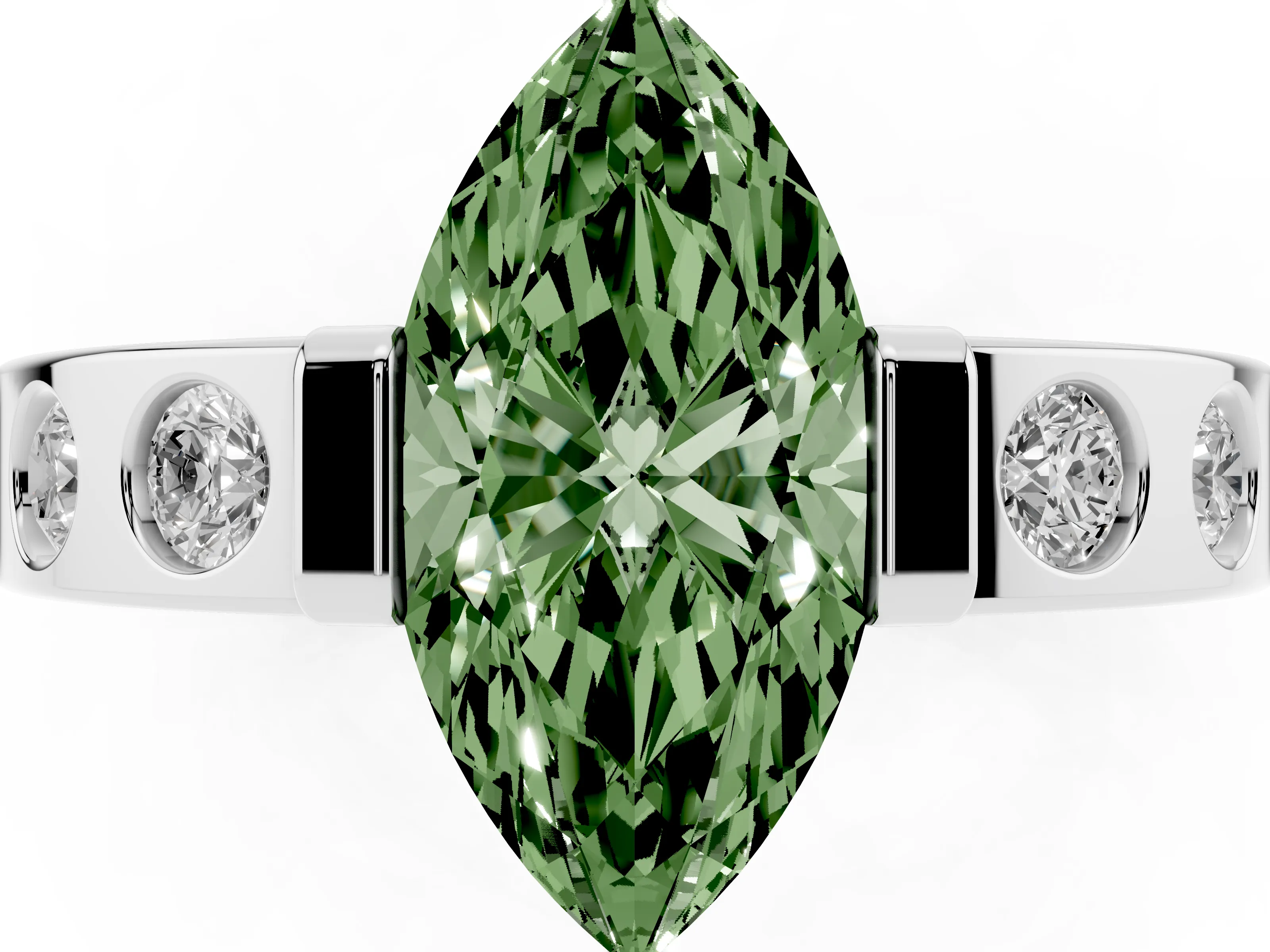 Fancy Green Marquise Cut Diamond Channel-Set Band Ring Set in White gold with Bezel Prong Setting