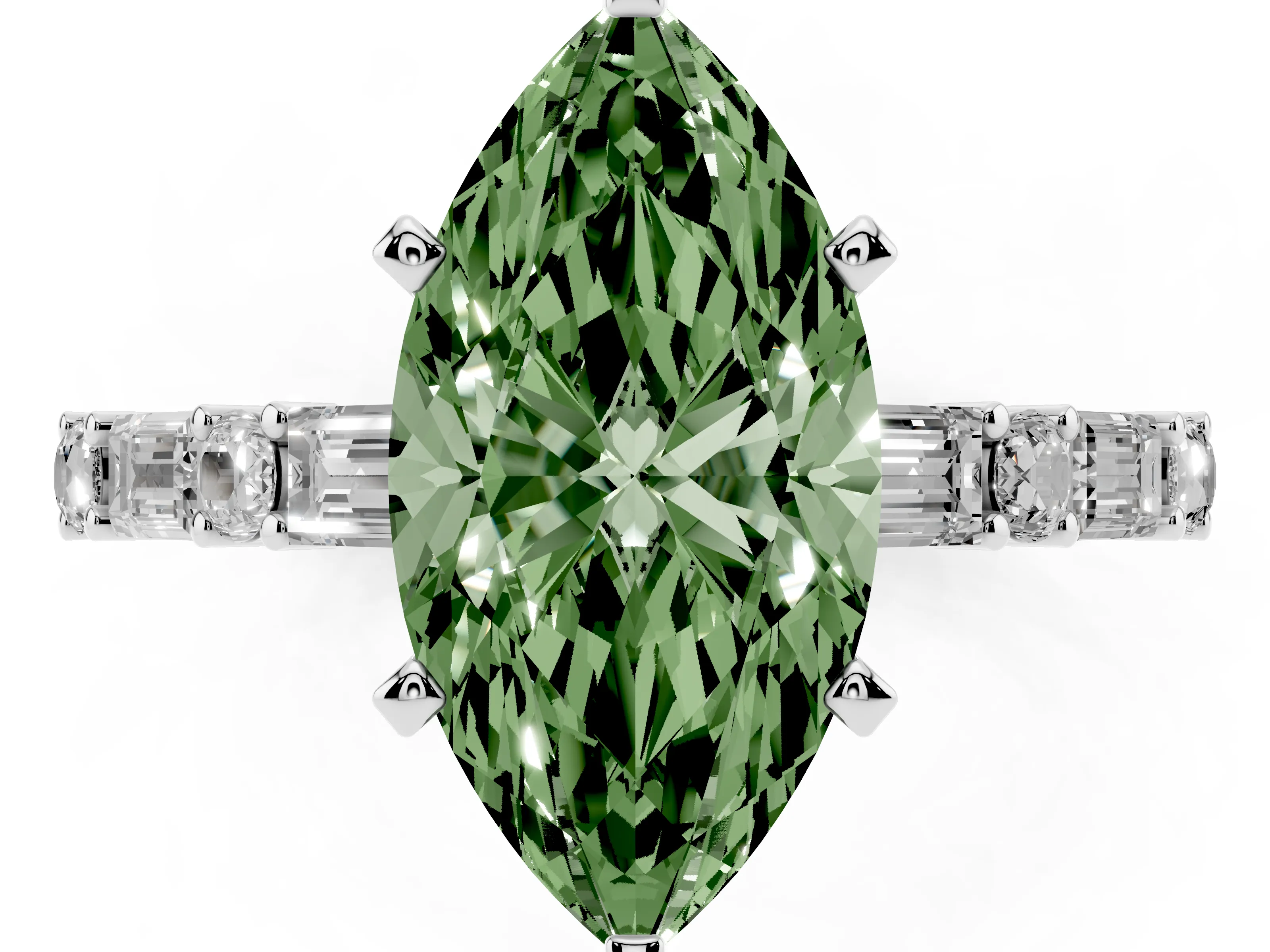 Fancy Green Marquise Cut Diamond Solitaire Set in Platinum with Side Baguettes and Channel Set Band