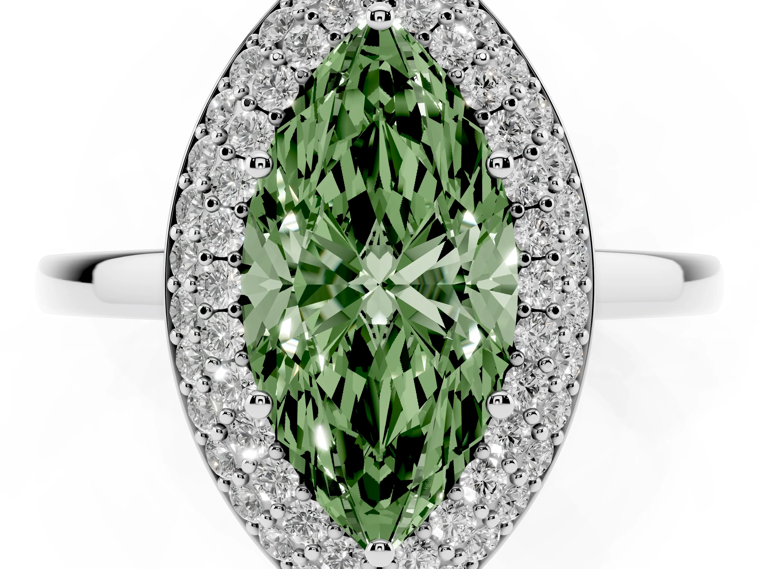Fancy Green Marquise Cut Diamond Halo Engagement Ring Set in Platinum with Solitaire Band and Prong Setting