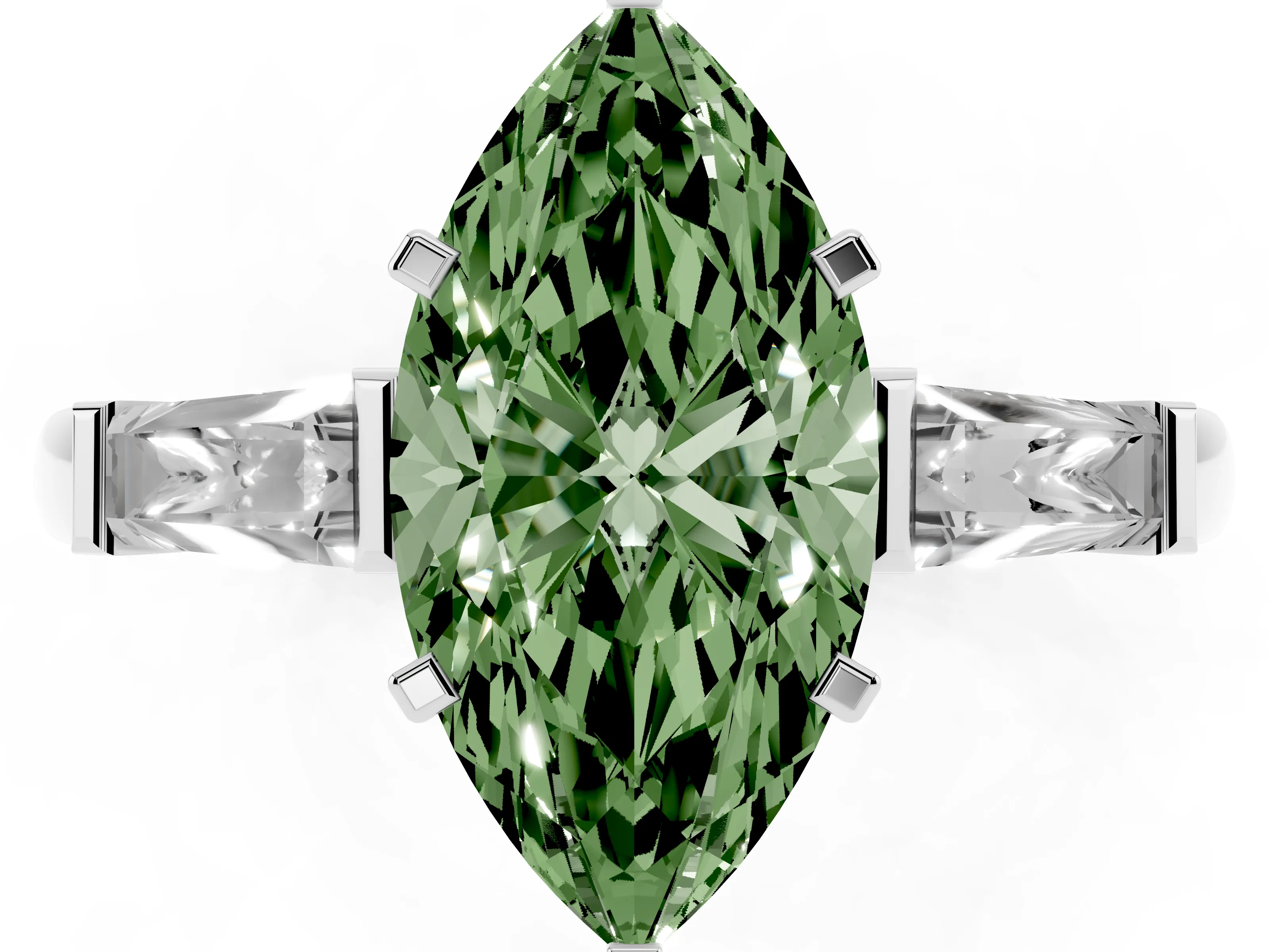 Fancy Green Marquise Cut Diamond Solitaire Ring Set in White gold with Tapered Baguette Side Stones and Prong Setting