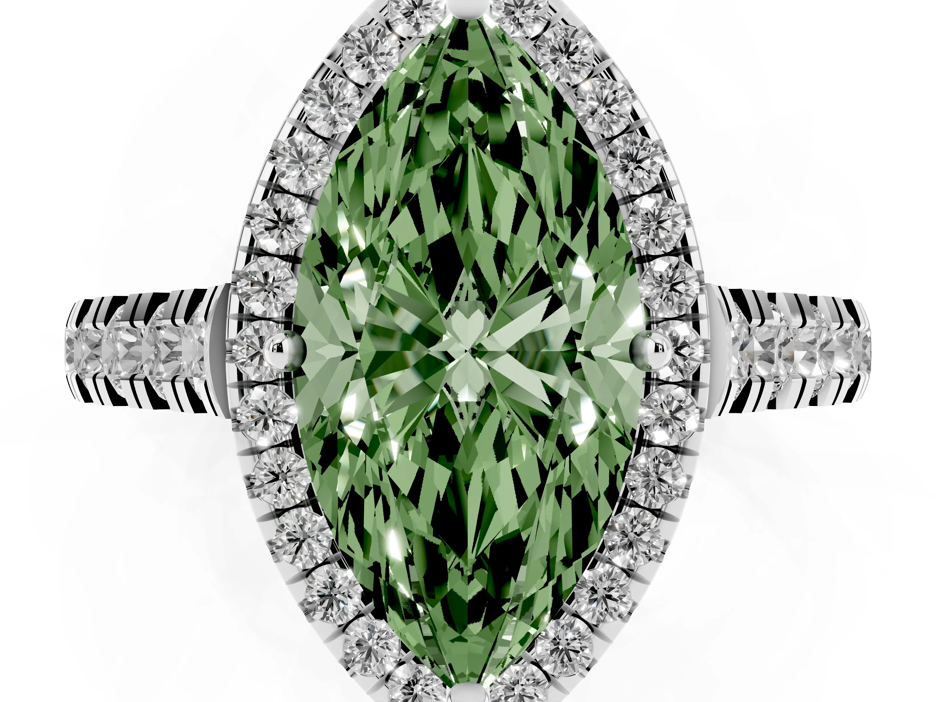 Fancy Green Marquise Cut Diamond Halo Engagement Ring Set in Platinum with Pavé Band and Prong-Set Center
