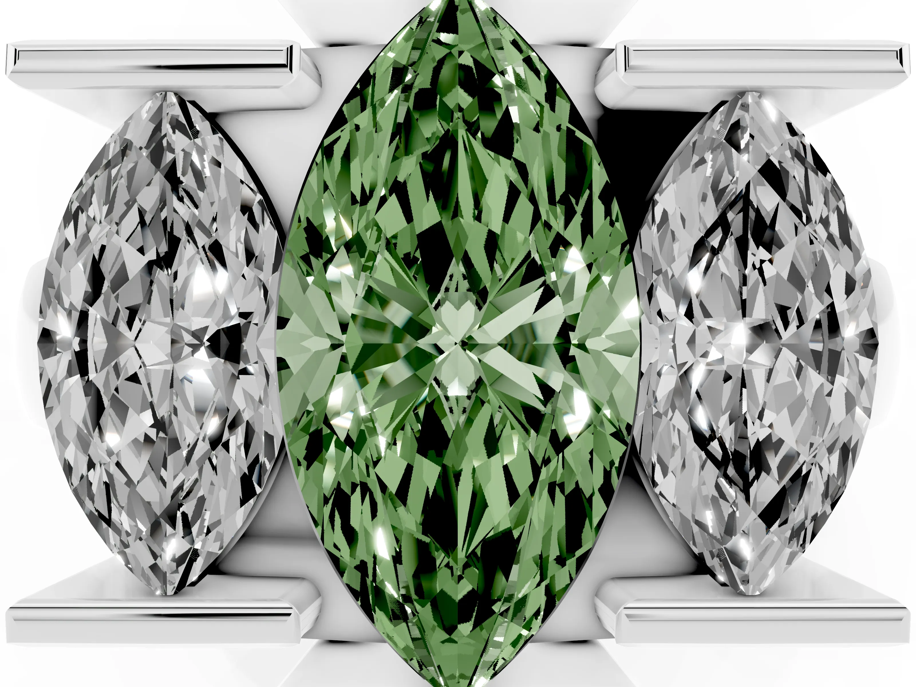 Fancy Green Marquise Cut Diamond Three-Stone Channel Set Ring Set in Silver with Smooth Polished Band