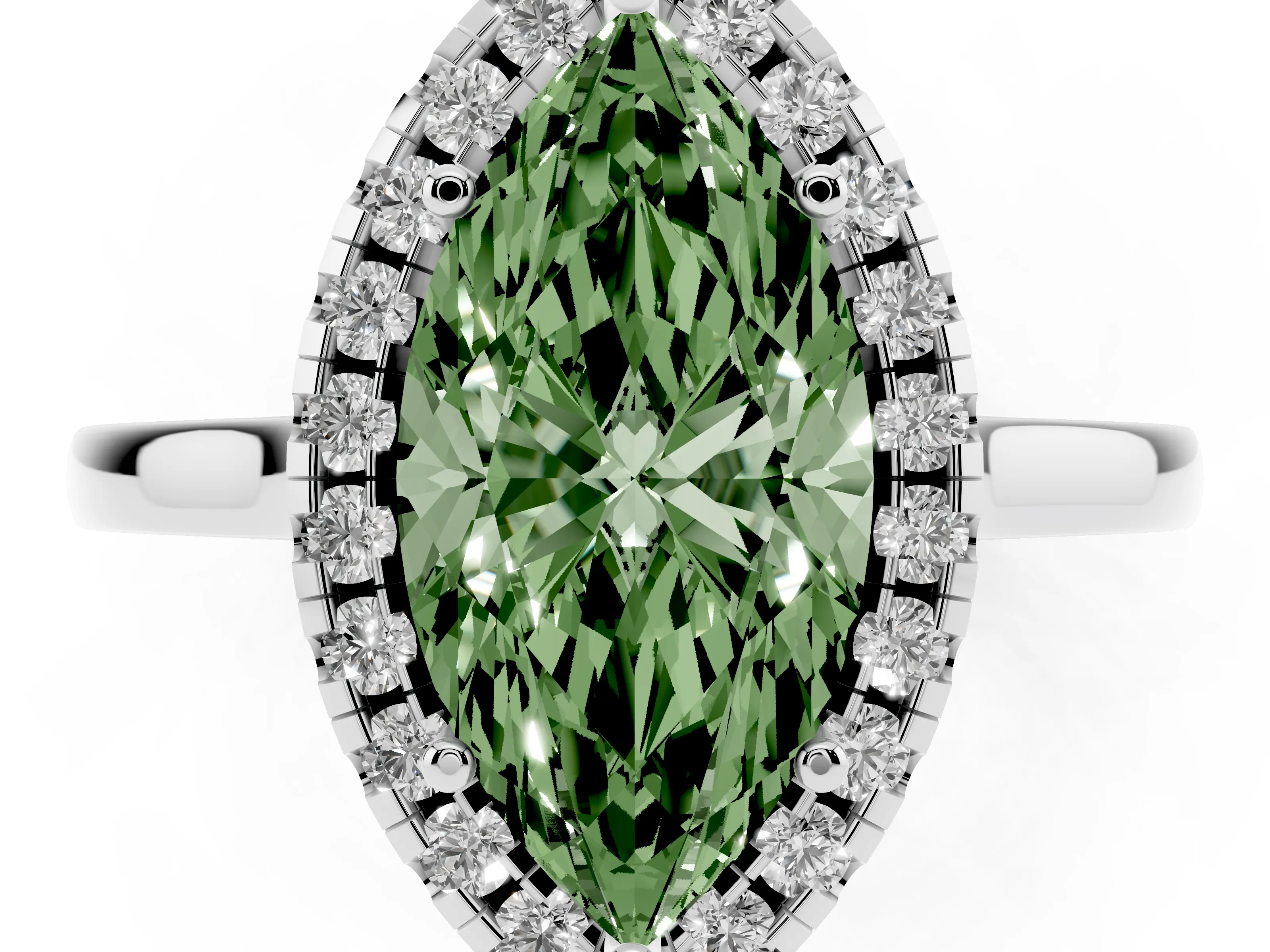 Fancy Green Marquise Cut Halo Round Diamond Solitaire Ring Set in Platinum with Pavé Band and Prong Setting