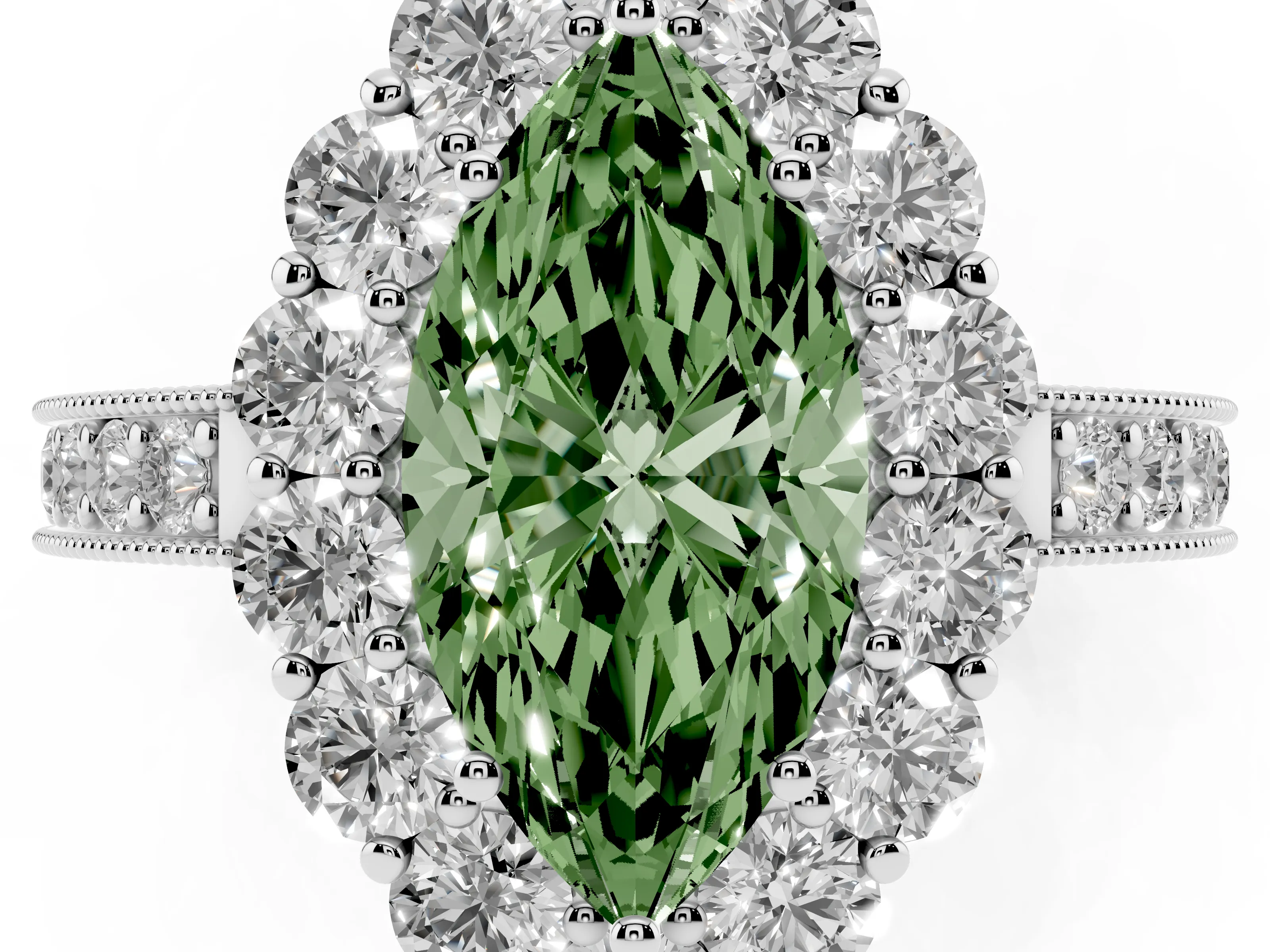 Fancy Green Marquise Cut Diamond Halo Pavé Engagement Ring Set in White gold with Milgrain Detailing