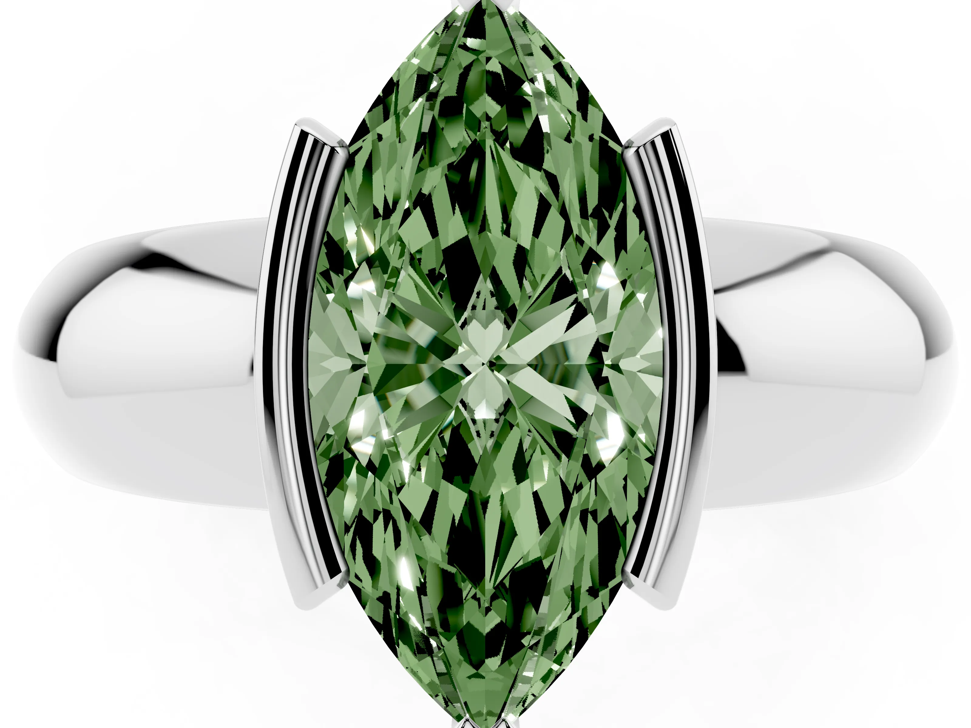 Fancy Green Marquise Cut Diamond Solitaire Tension Set Ring Set in Silver with Wide Band