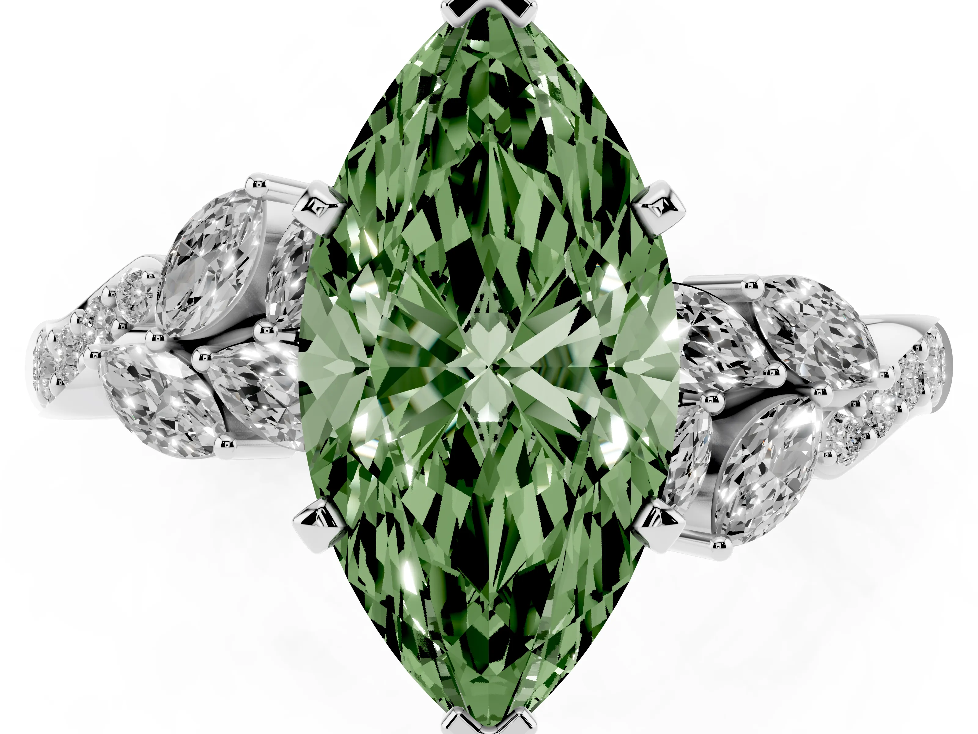 Fancy Green Marquise Cut Diamond Solitaire Ring Set in White gold with Marquise Twist Band and Prong Setting