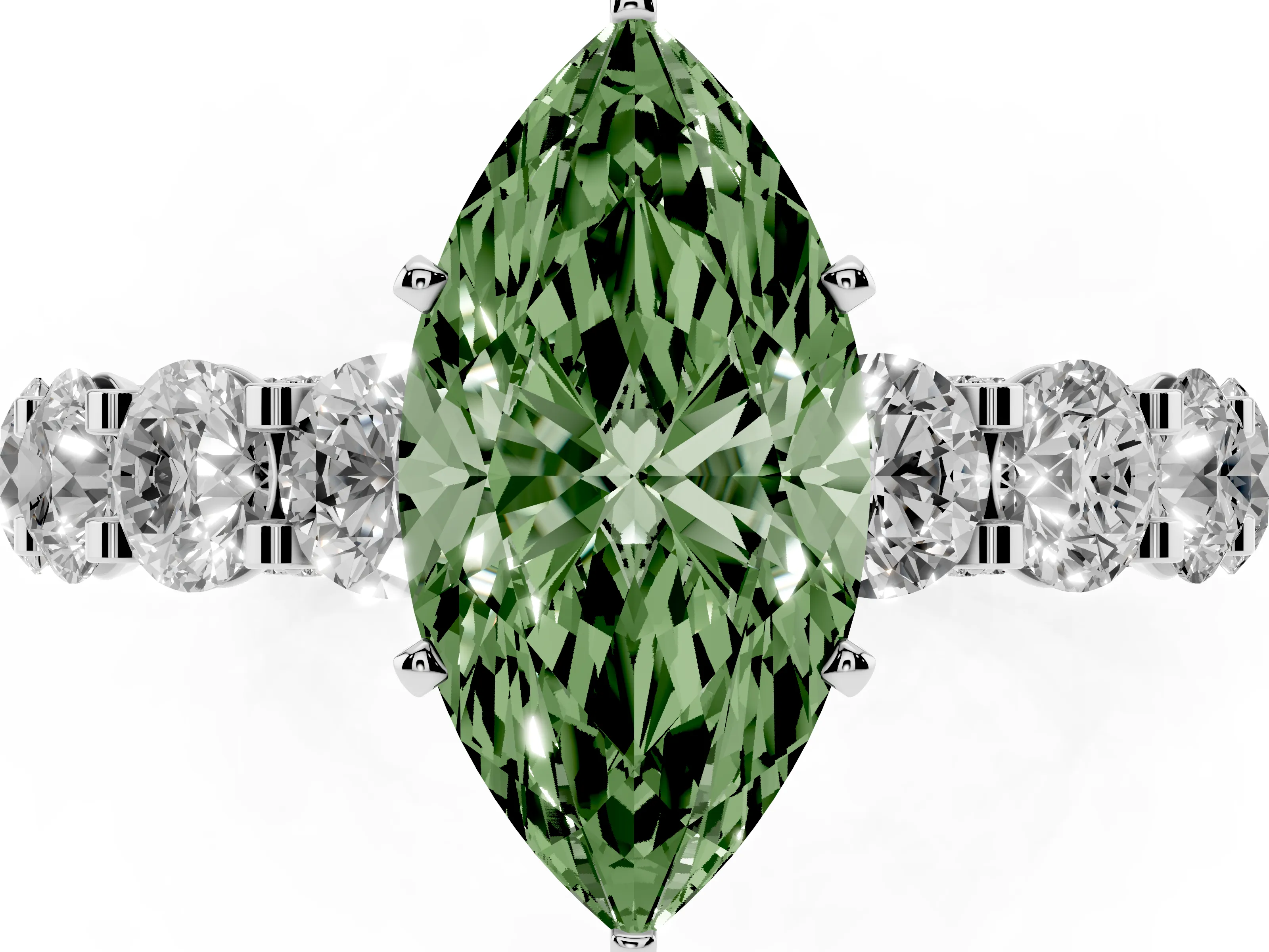 Fancy Green Marquise Cut Diamond Side Stone Ring Set in White gold with Alternating Round and Oval Side Stones
