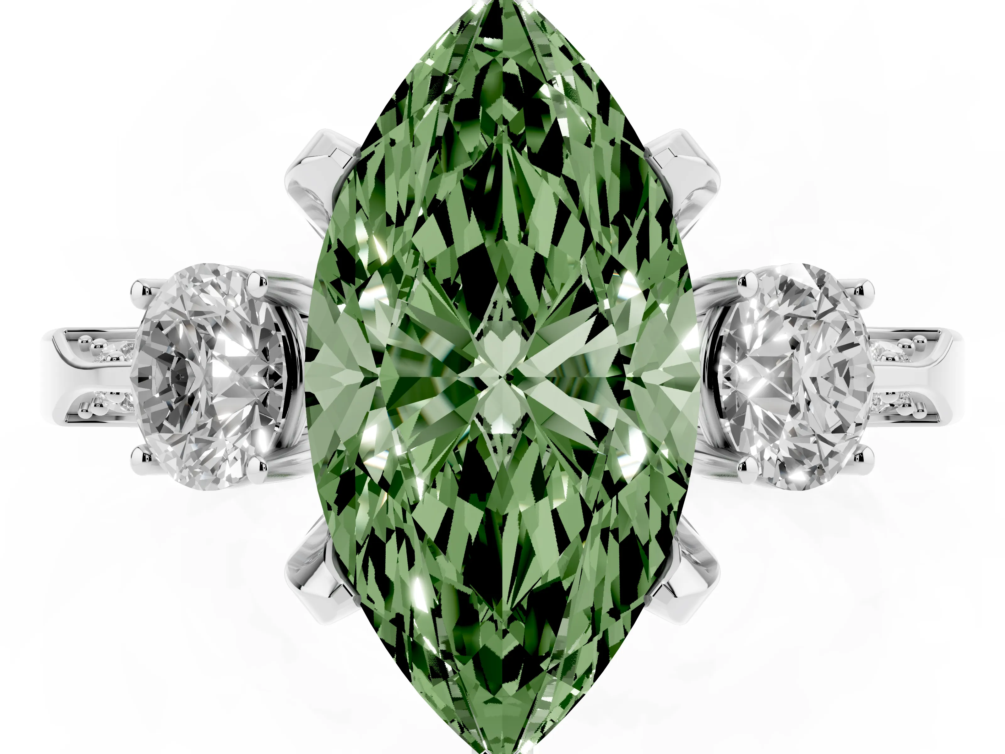 Fancy Green Marquise Cut Diamond Three-Stone Ring Set in Platinum with Pavé Band and Smaller Side Stones