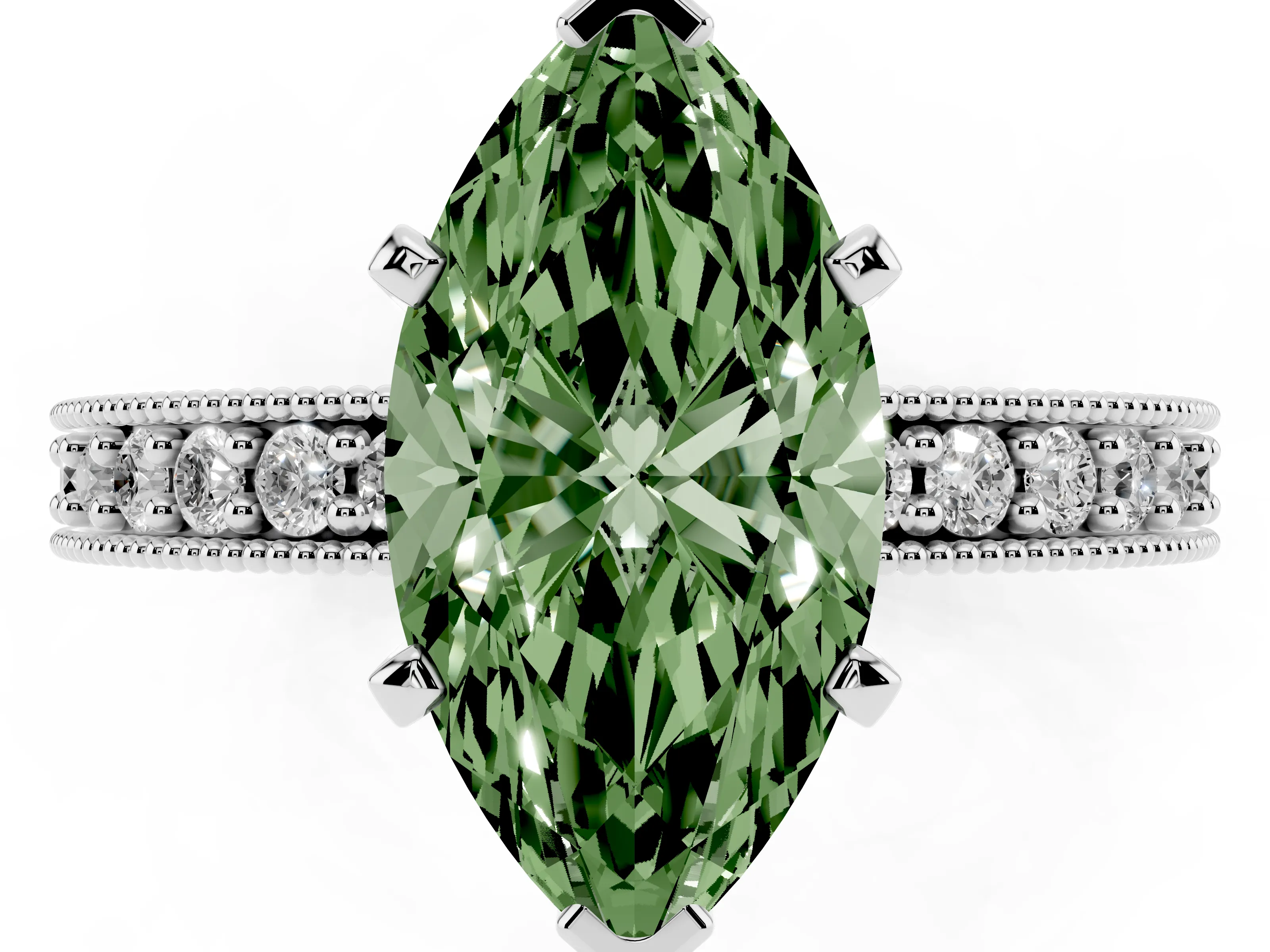 Fancy Green Marquise Cut Diamond Milgrain Pavé Engagement Ring Set in Platinum with Prong Setting