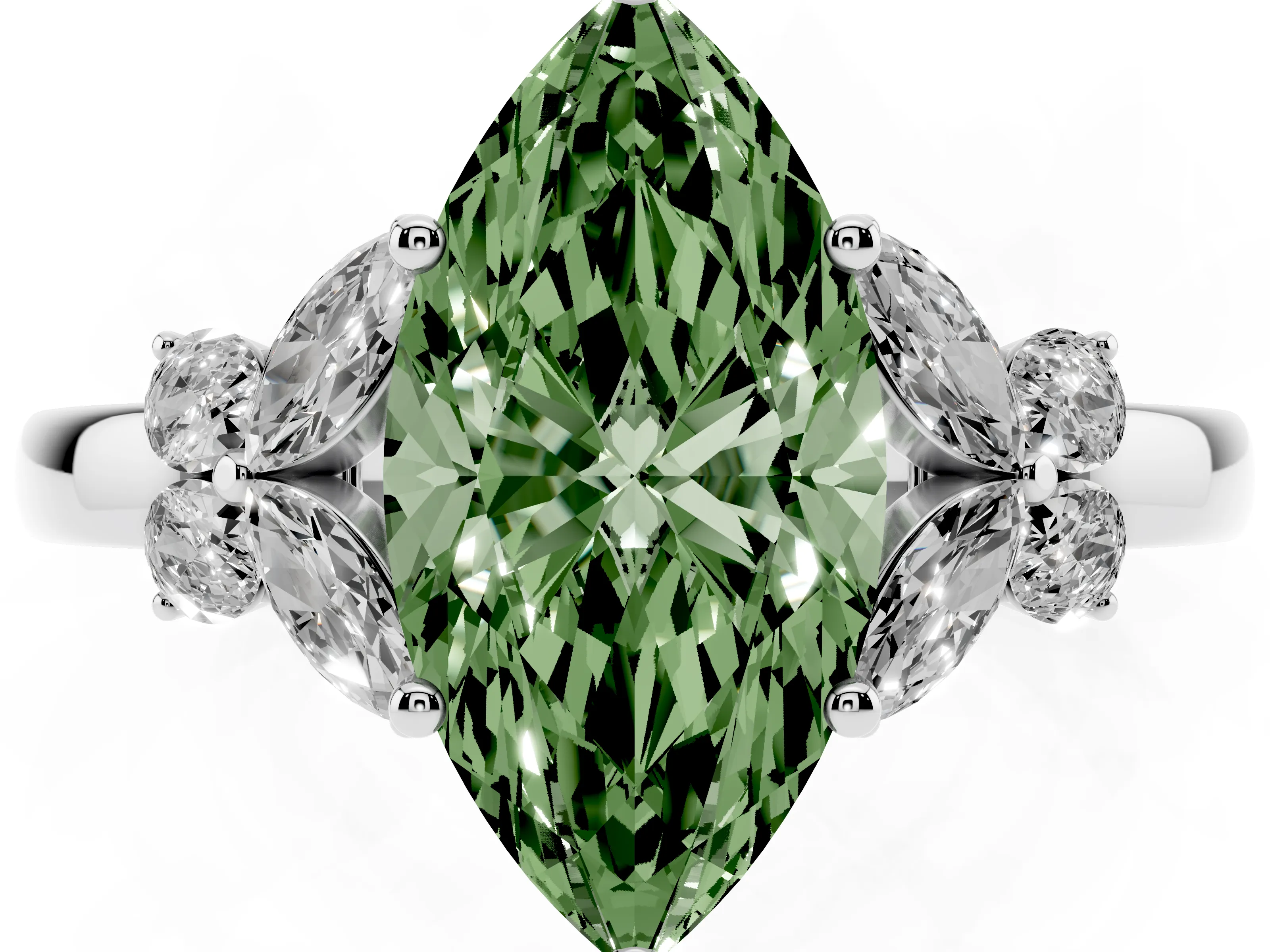 Fancy Green Marquise Cut Diamond Solitaire Floral Ring Set in Platinum with Marquise Petals and Prong Setting