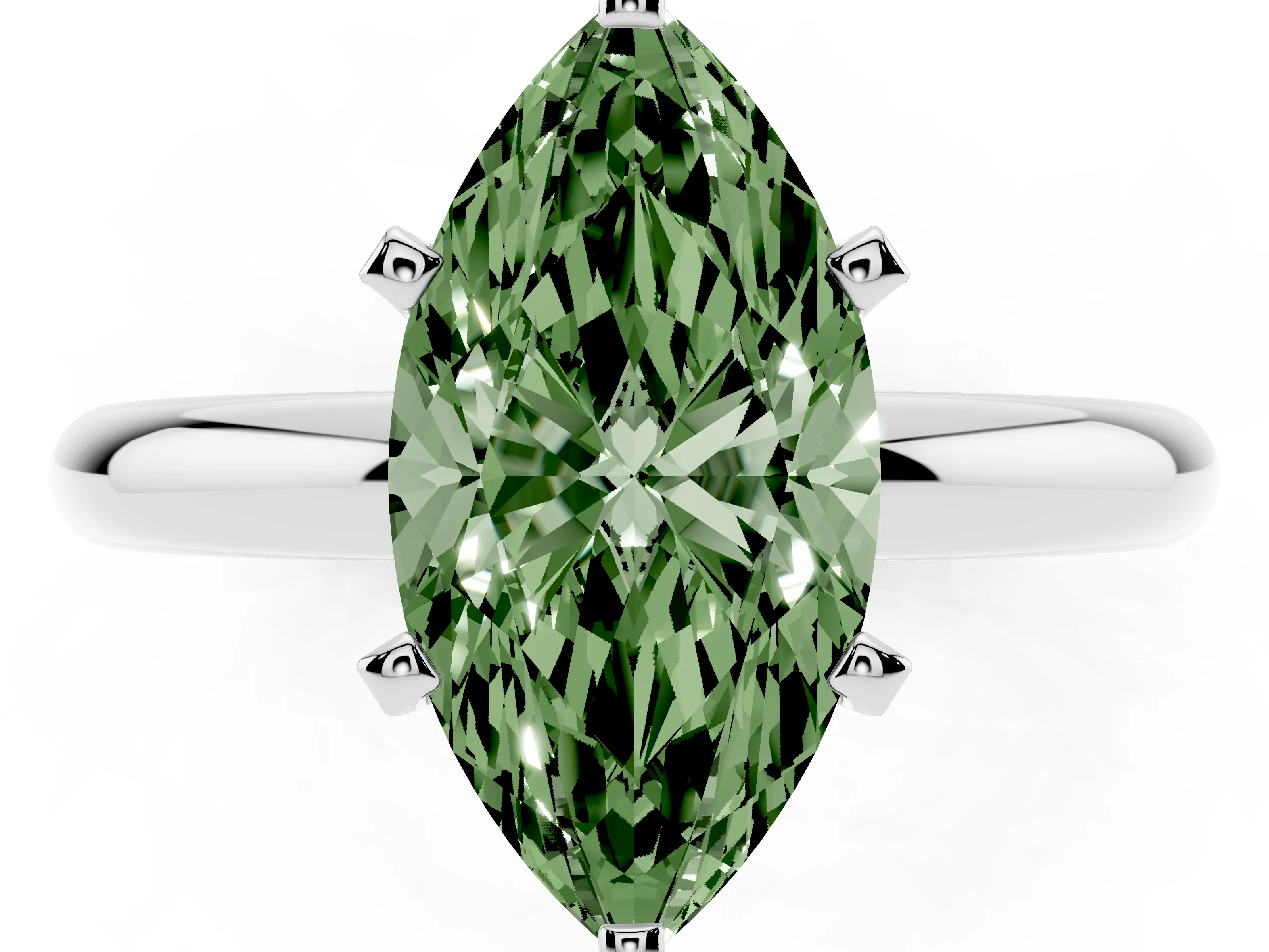 Fancy Green Marquise Cut Diamond Solitaire Engagement Ring Set in White gold with Round Band and Prong Setting
