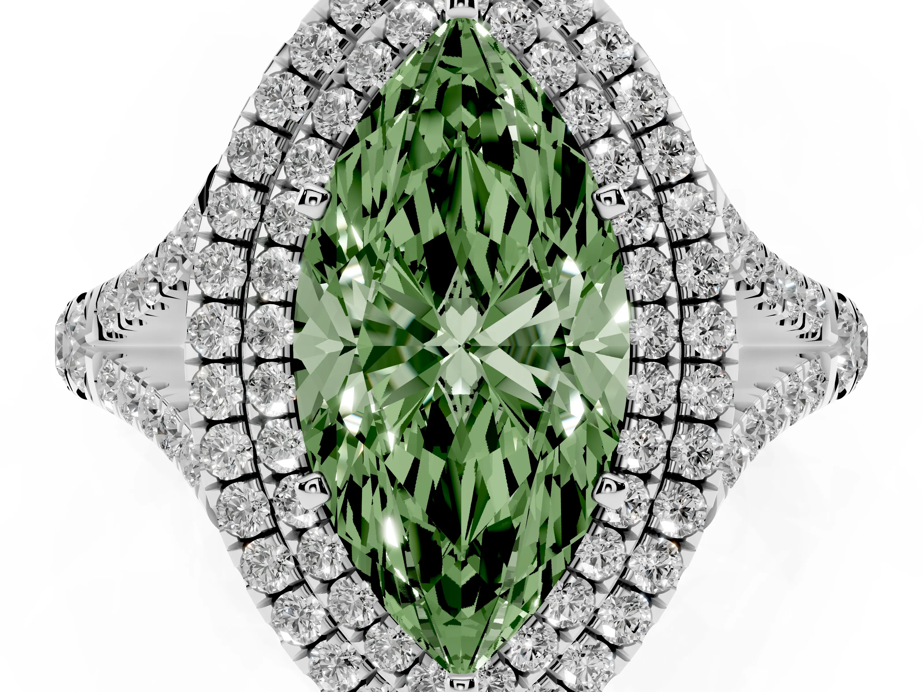 Fancy Green Marquise Cut Diamond Pavé Split Shank Double Halo Engagement Ring Set in Platinum