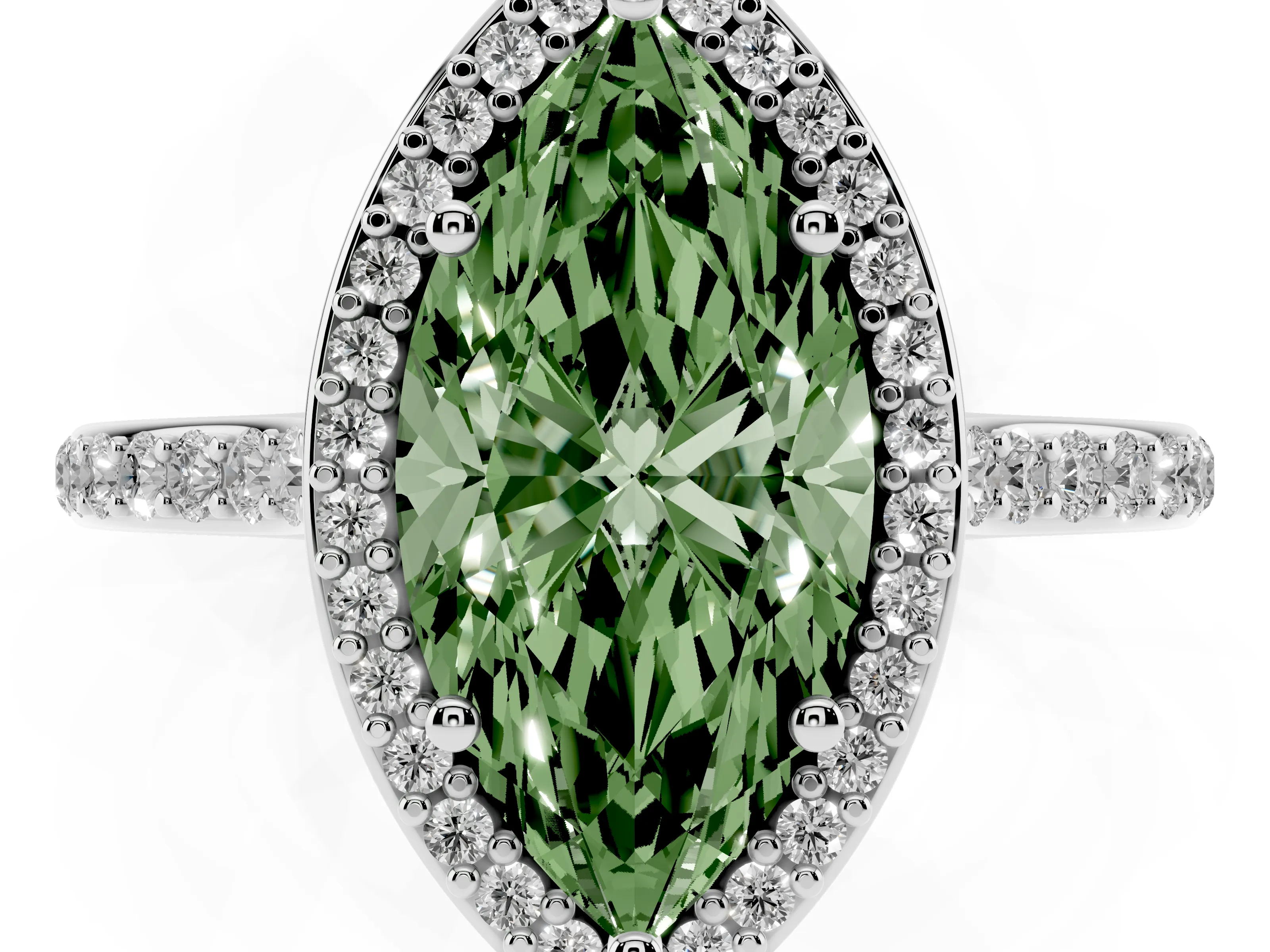 Fancy Green Marquise Cut Diamond Halo Engagement Ring Set in Silver with Round Pavé Shoulders and Heart Gallery