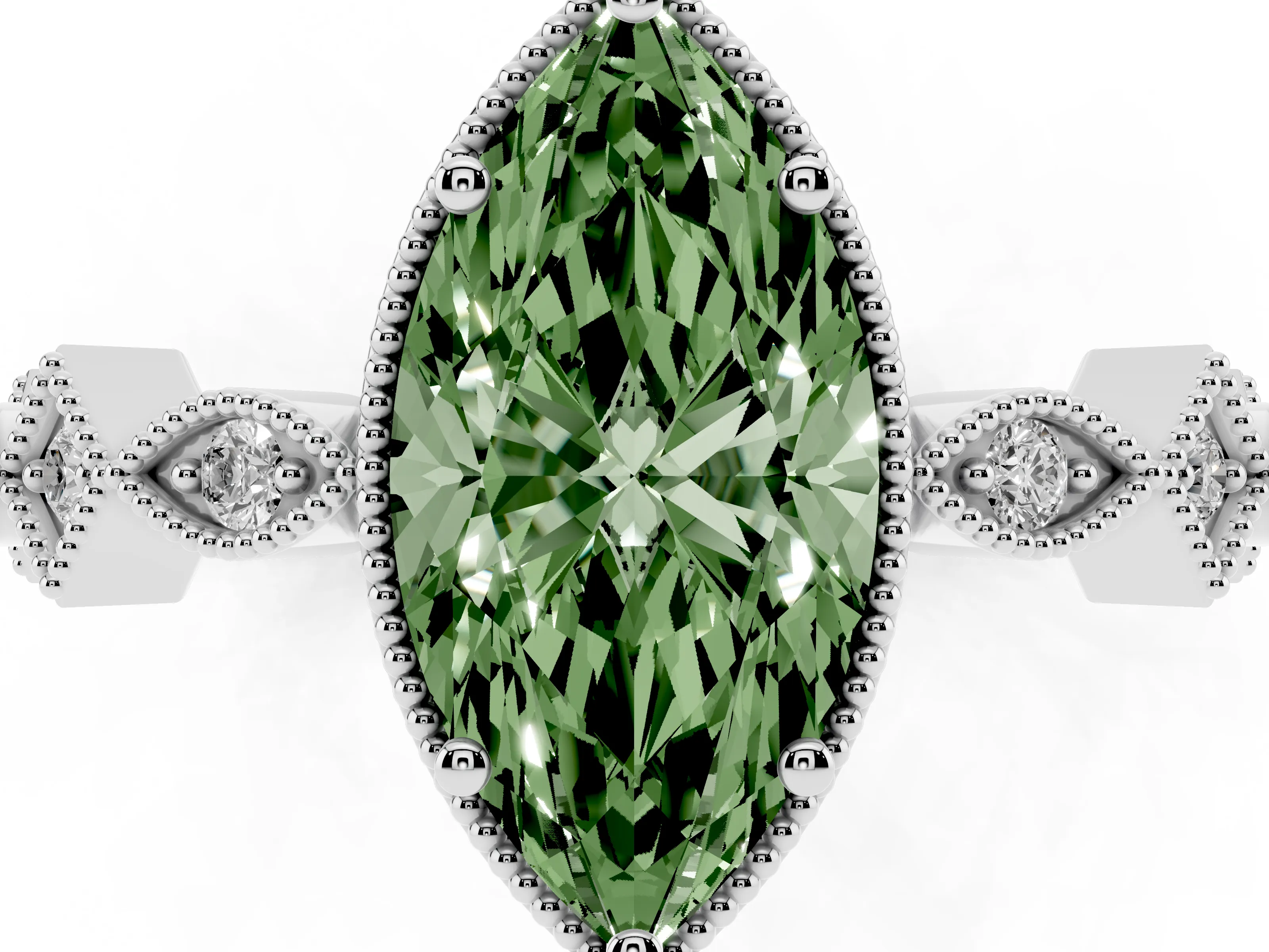 Fancy Green Marquise Cut Diamond Milgrain Marquise Twist Band Ring Set in Silver with Prong Setting