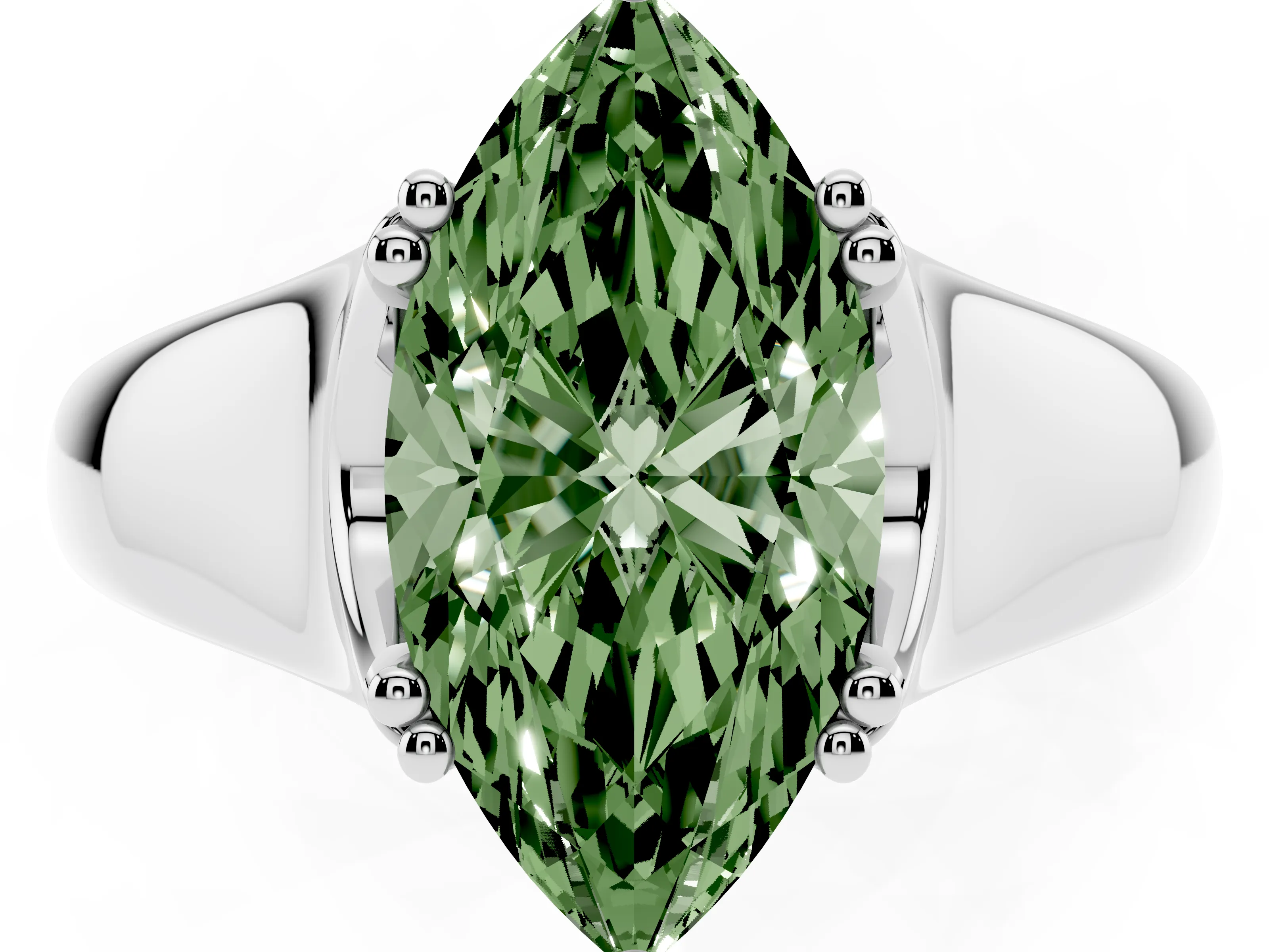 Fancy Green Marquise Cut Diamond Solitaire Ring Set in White gold with Wide Band and Prong Setting