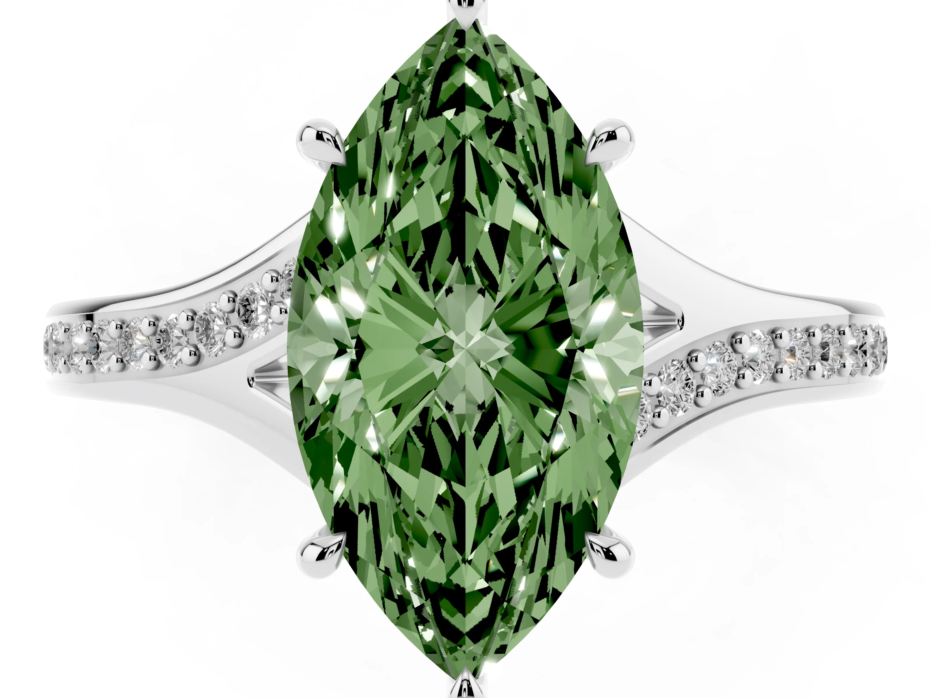 Fancy Green Marquise Cut Diamond Solitaire Ring Set in White gold with Pavé Accent Band and Classic Prong Setting