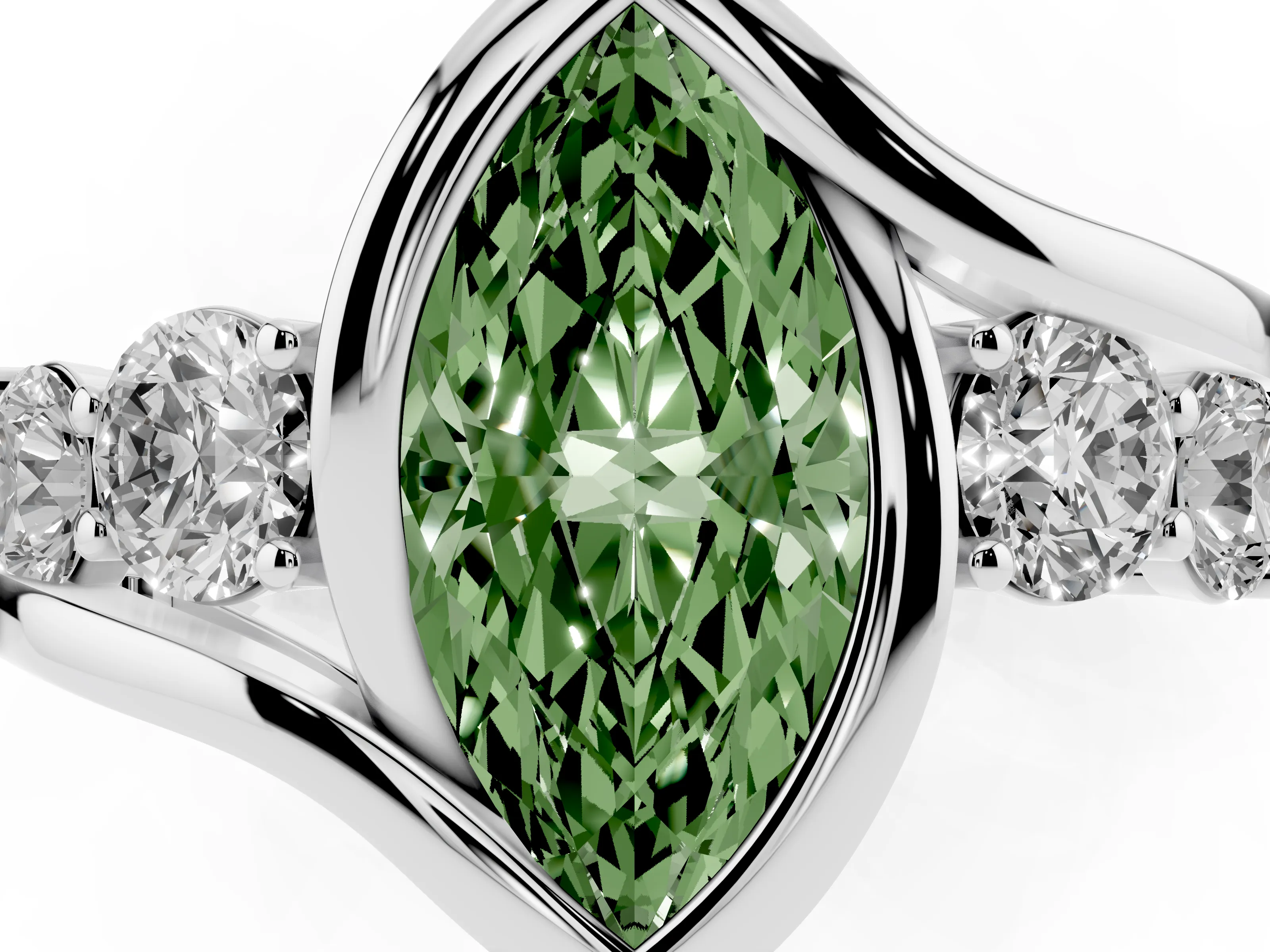 Fancy Green Marquise Cut Diamond Bezel Bypass Ring Set in Silver with Round Accents