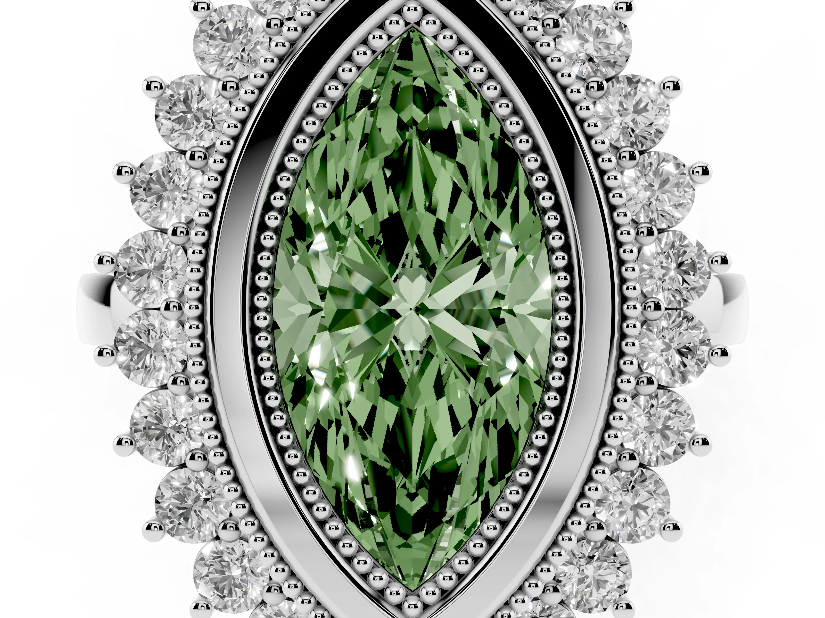 Fancy Green Marquise Cut Diamond Halo Ring Set in Platinum with Milgrain Edge and Round Prong Setting