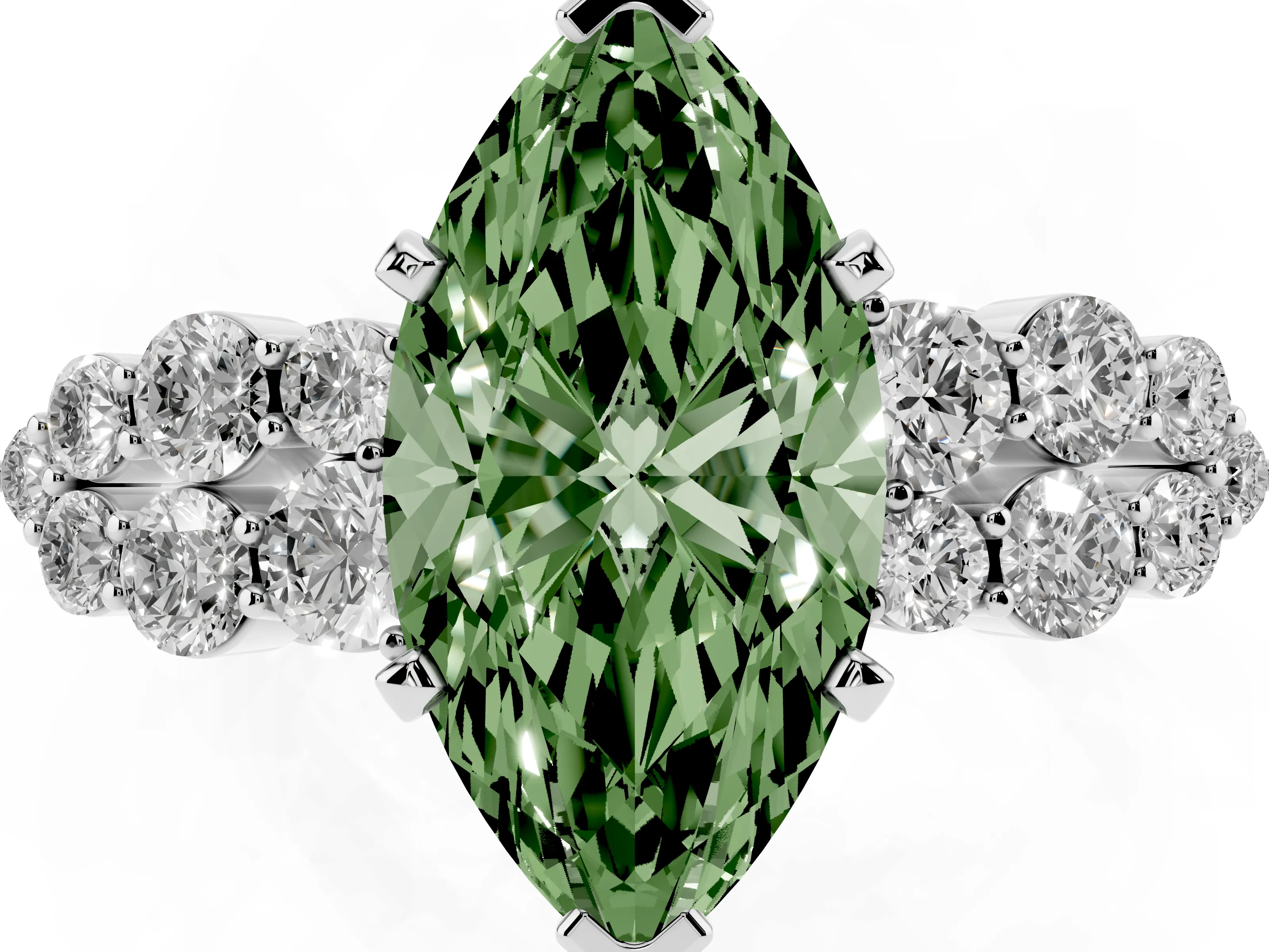 Fancy Green Marquise Cut Diamond Cluster Engagement Ring Set in Silver with Pavé Band and Prong Setting