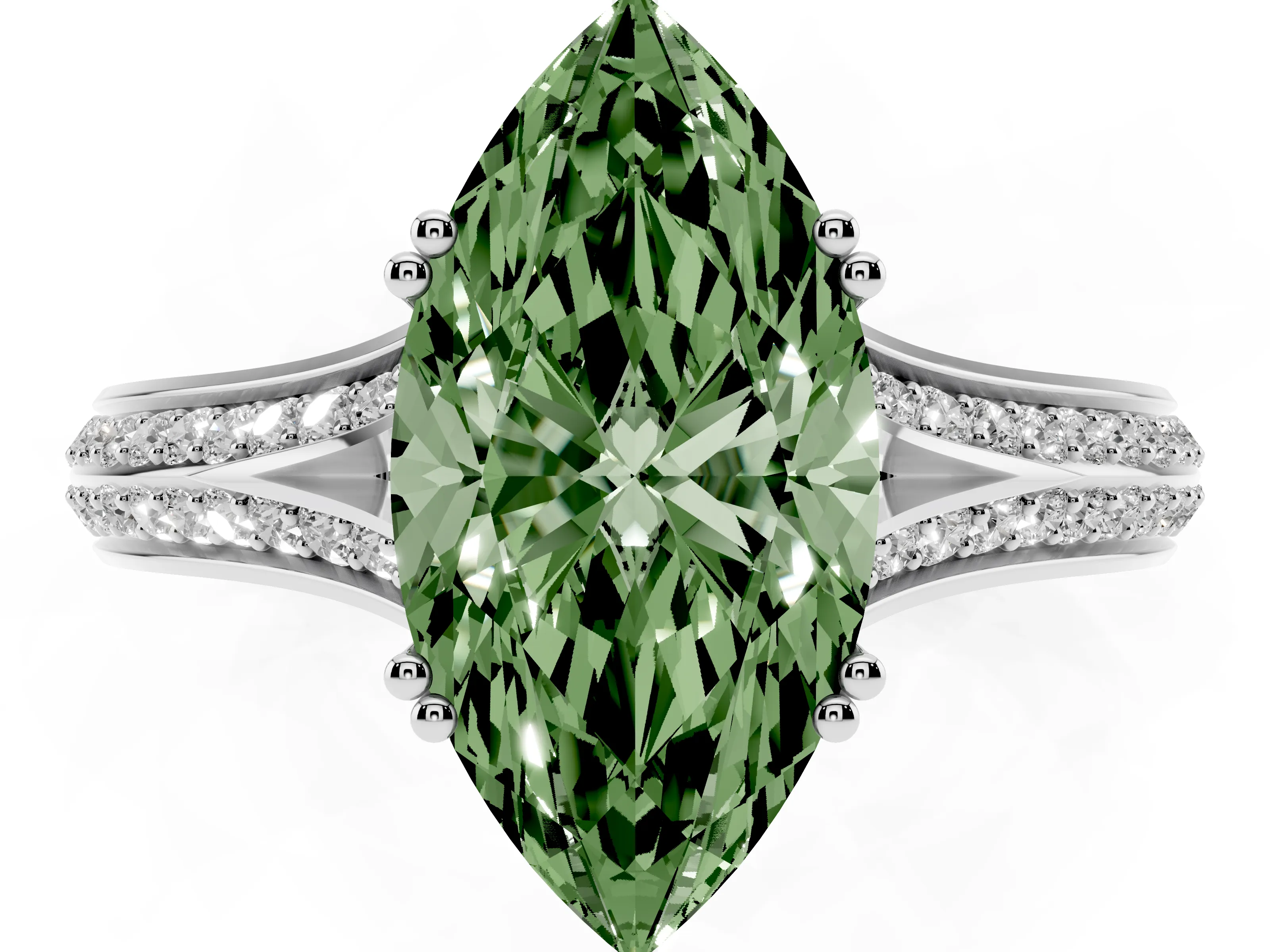 Fancy Green Marquise Cut Diamond Split Shank Pavé Engagement Ring Set in White gold with Prong-Set Center Stone