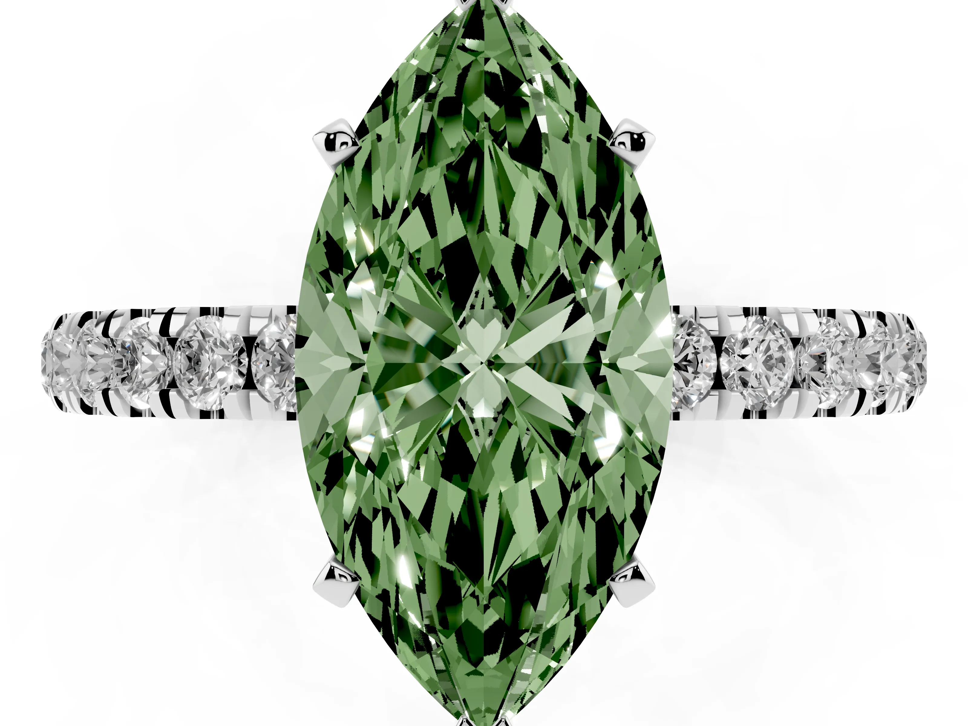 Fancy Green Marquise Cut Diamond Solitaire Ring Set in Platinum with Pavé Accents and Prong Setting