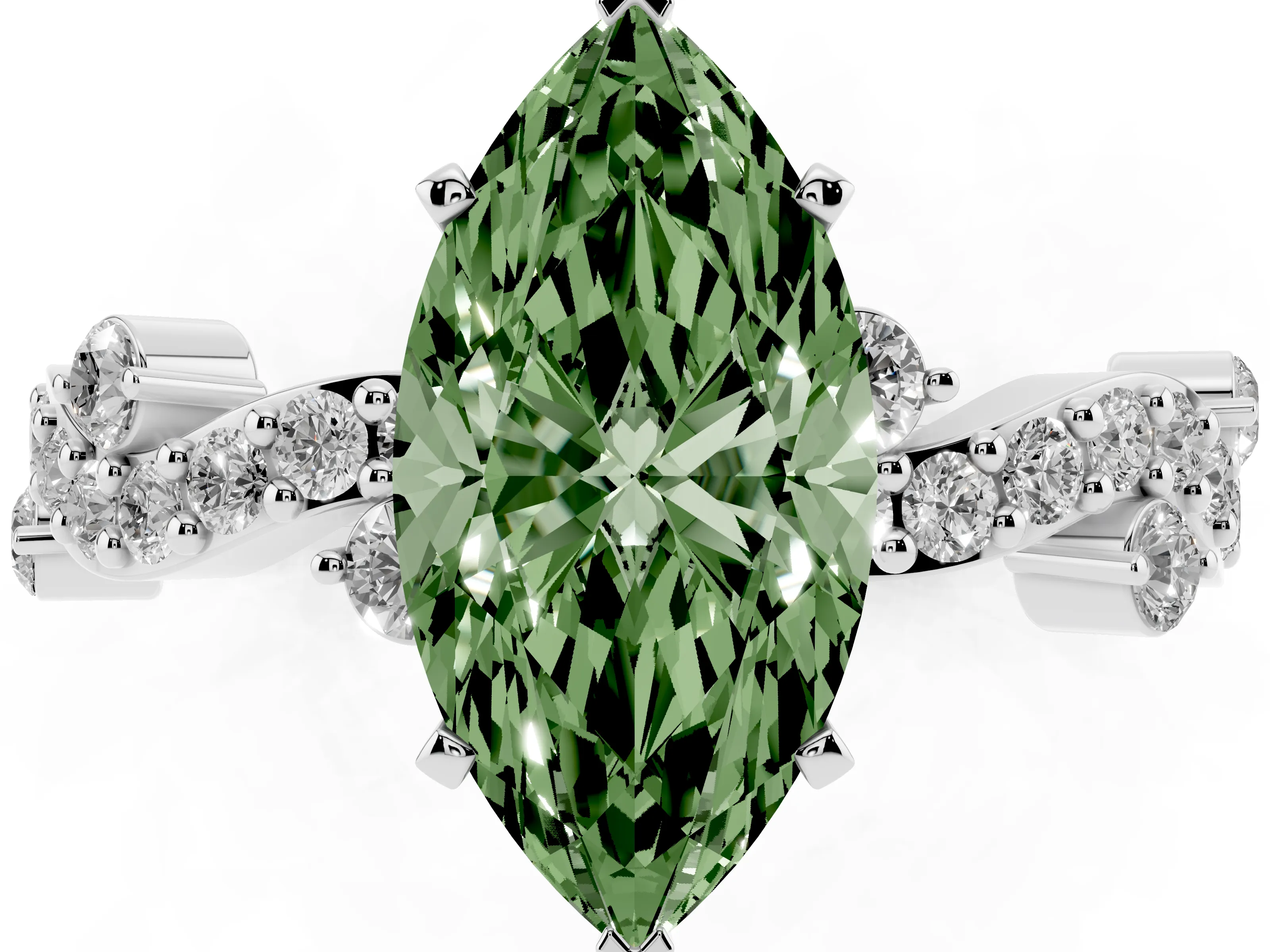 Fancy Green Marquise Cut Diamond Solitaire Twisted Band Set in Platinum with Pavé Setting
