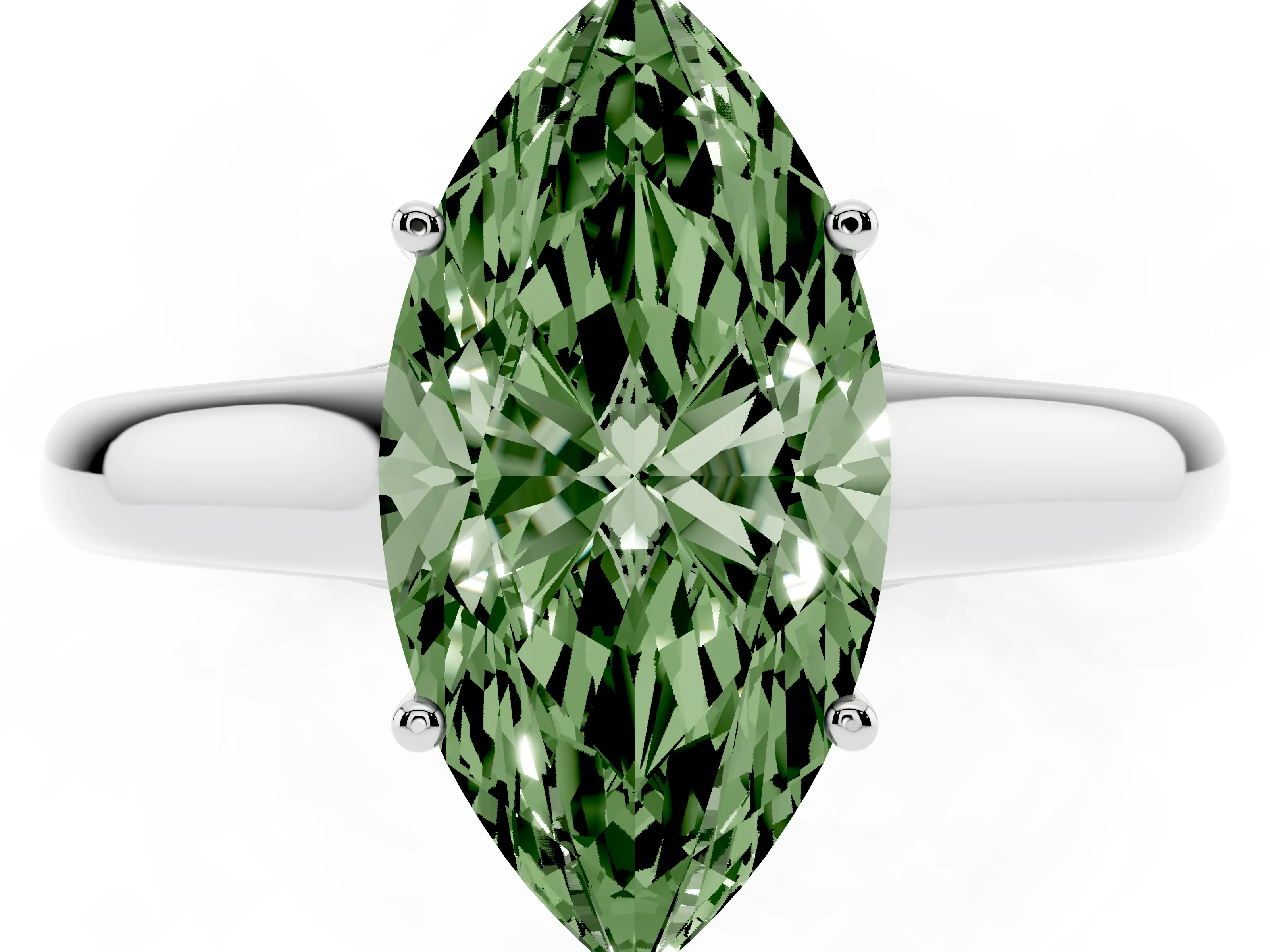 Fancy Green Marquise Cut Diamond Solitaire Engagement Ring Set in White gold with Subtly Tapered Band and Prong Setting