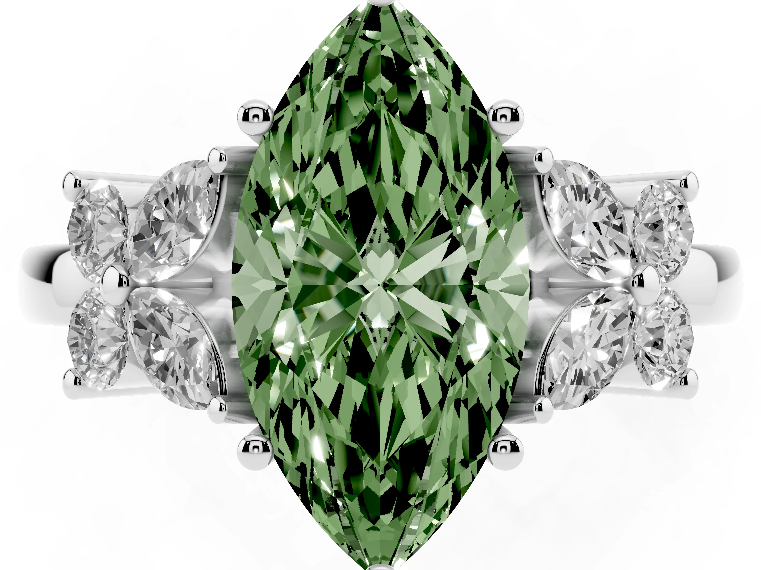 Fancy Green Marquise Cut Diamond Floral Cluster Ring Set in Silver with Marquise Petals and Prong Setting