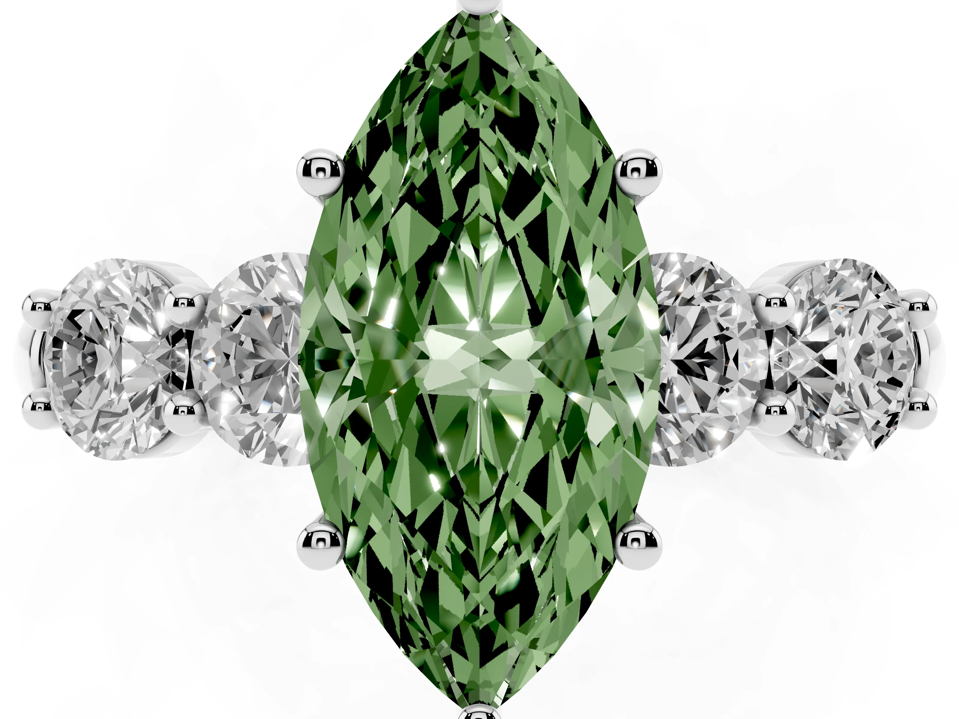 Fancy Green Marquise Cut Diamond Five-Stone Prong Set Ring Set in White gold with Classic Band