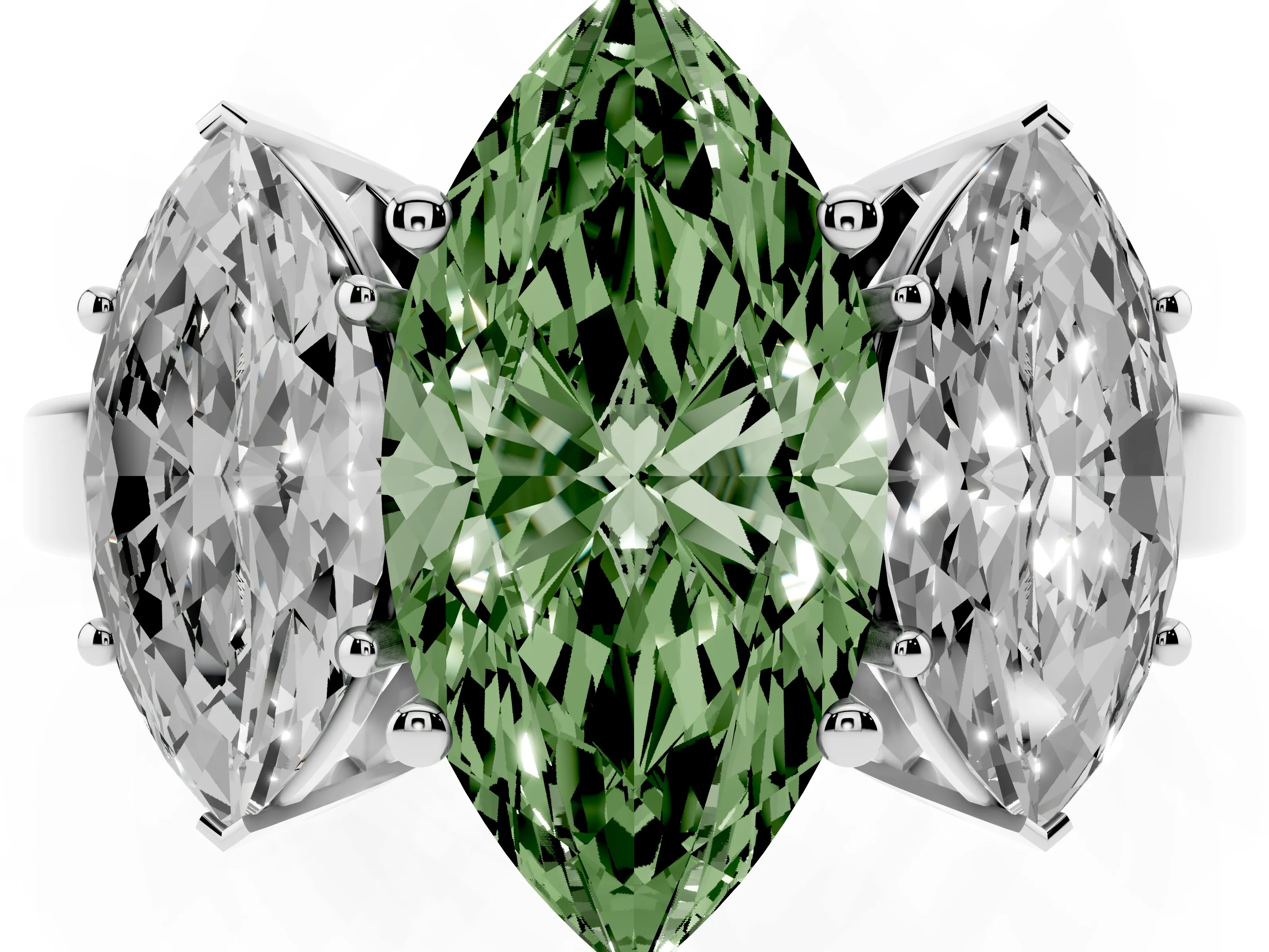 Fancy Green Marquise Cut Diamond Three-Stone Engagement Ring Set in Platinum with Flat Band