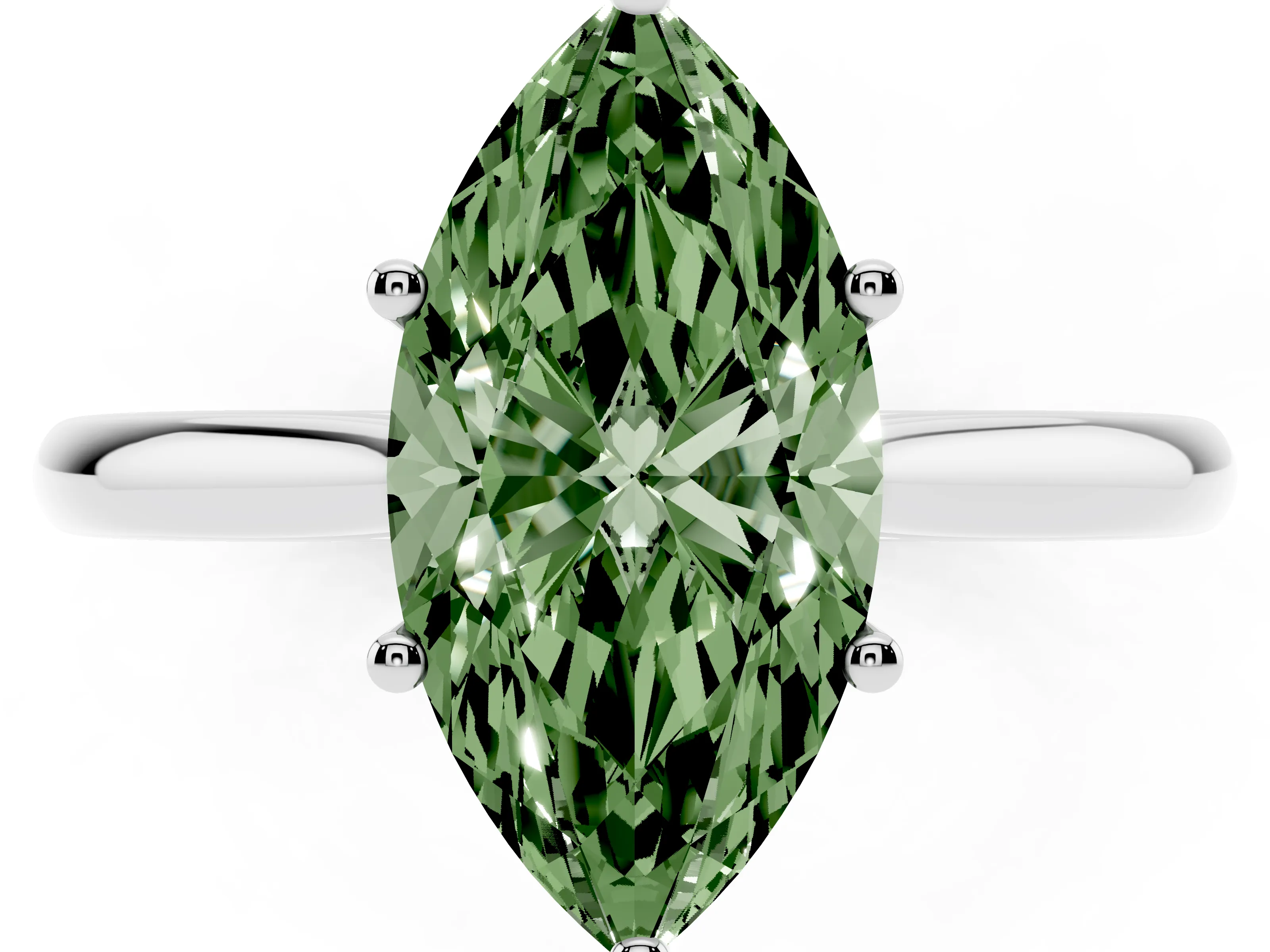 Fancy Green Marquise Cut Diamond Solitaire Ring Set in Silver with Cathedral Band and Prong Setting