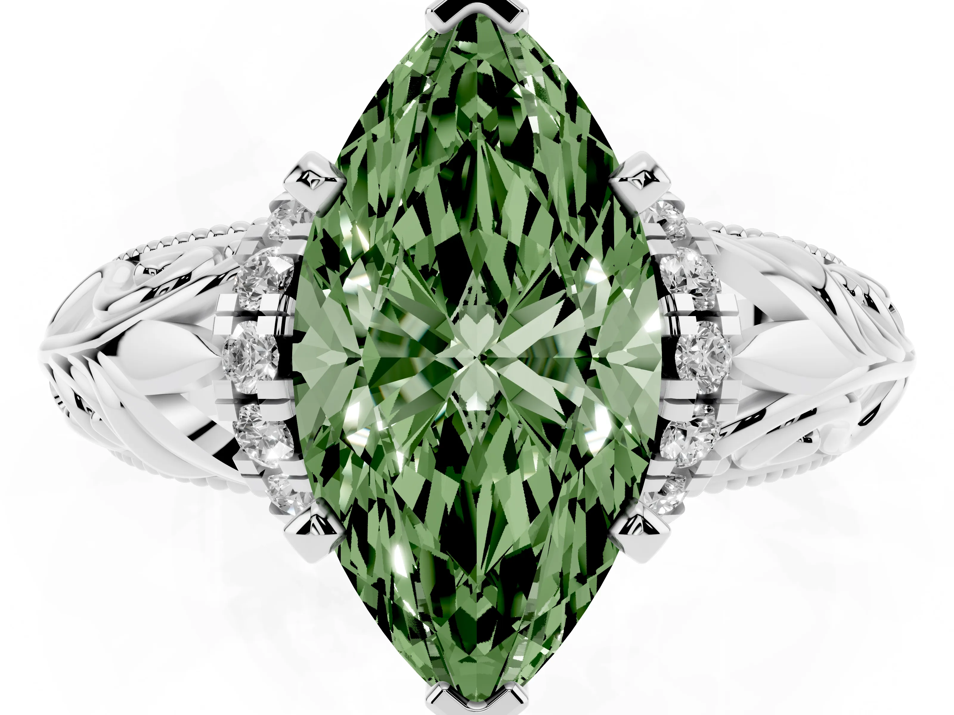 Fancy Green Marquise Cut Diamond Filigree Halo Engagement Ring Set in White gold with Prong Setting