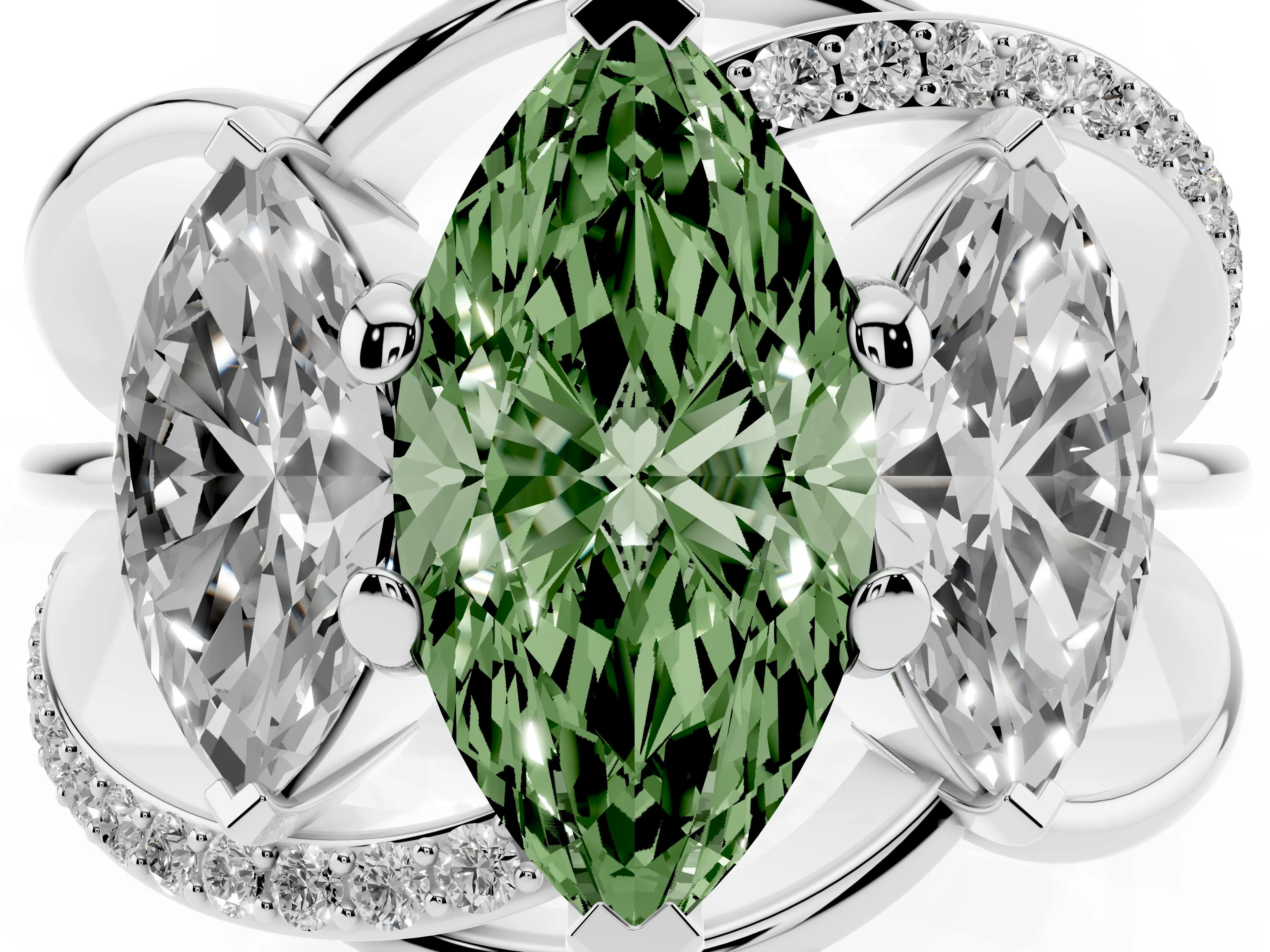 Fancy Green Marquise Cut Diamond Three-Stone Ring Set in Platinum with Split Shank and Prong Setting