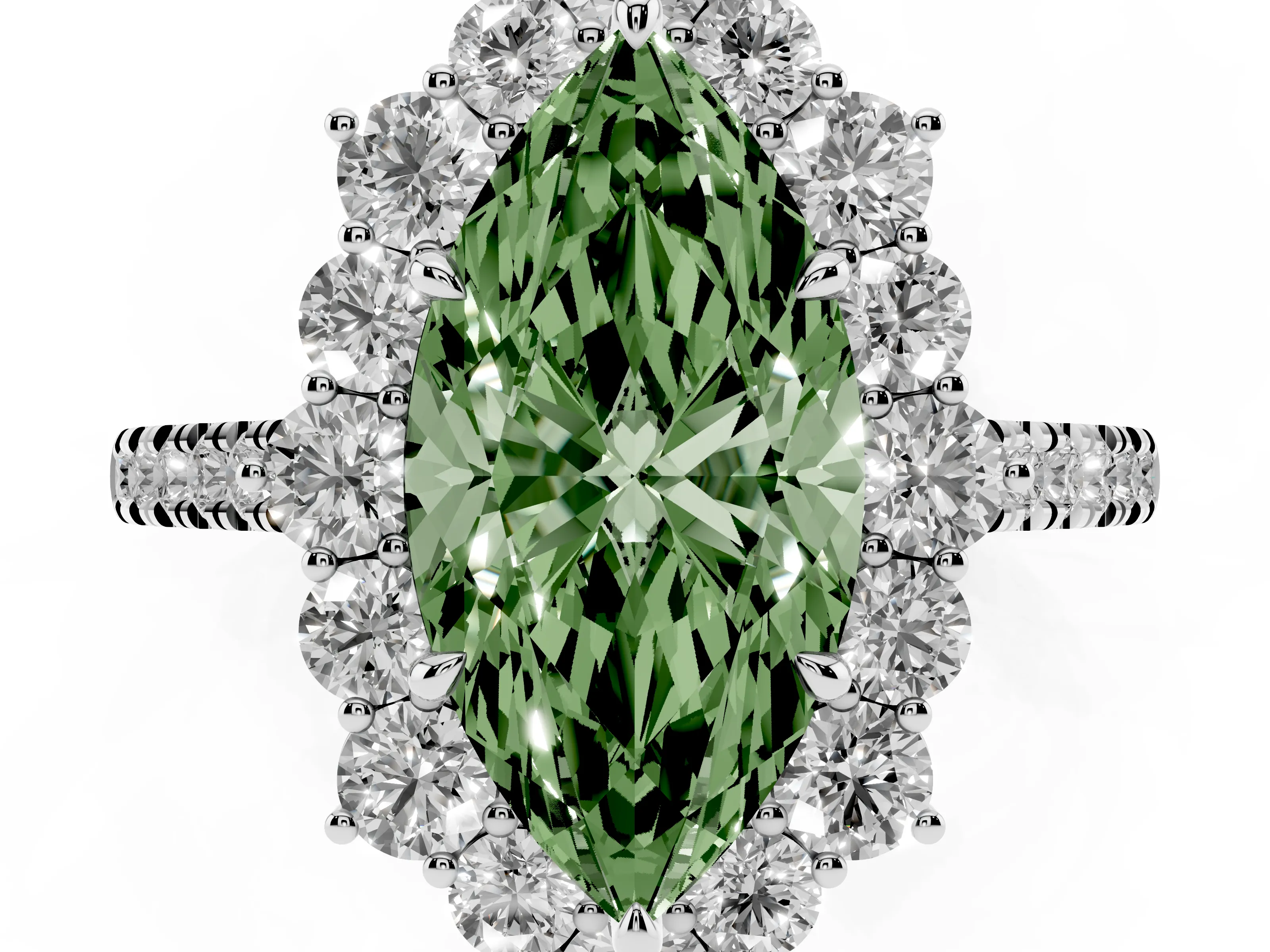 Fancy Green Marquise Cut Diamond Halo Ring Set in White gold with Pavé Band and Prong Setting