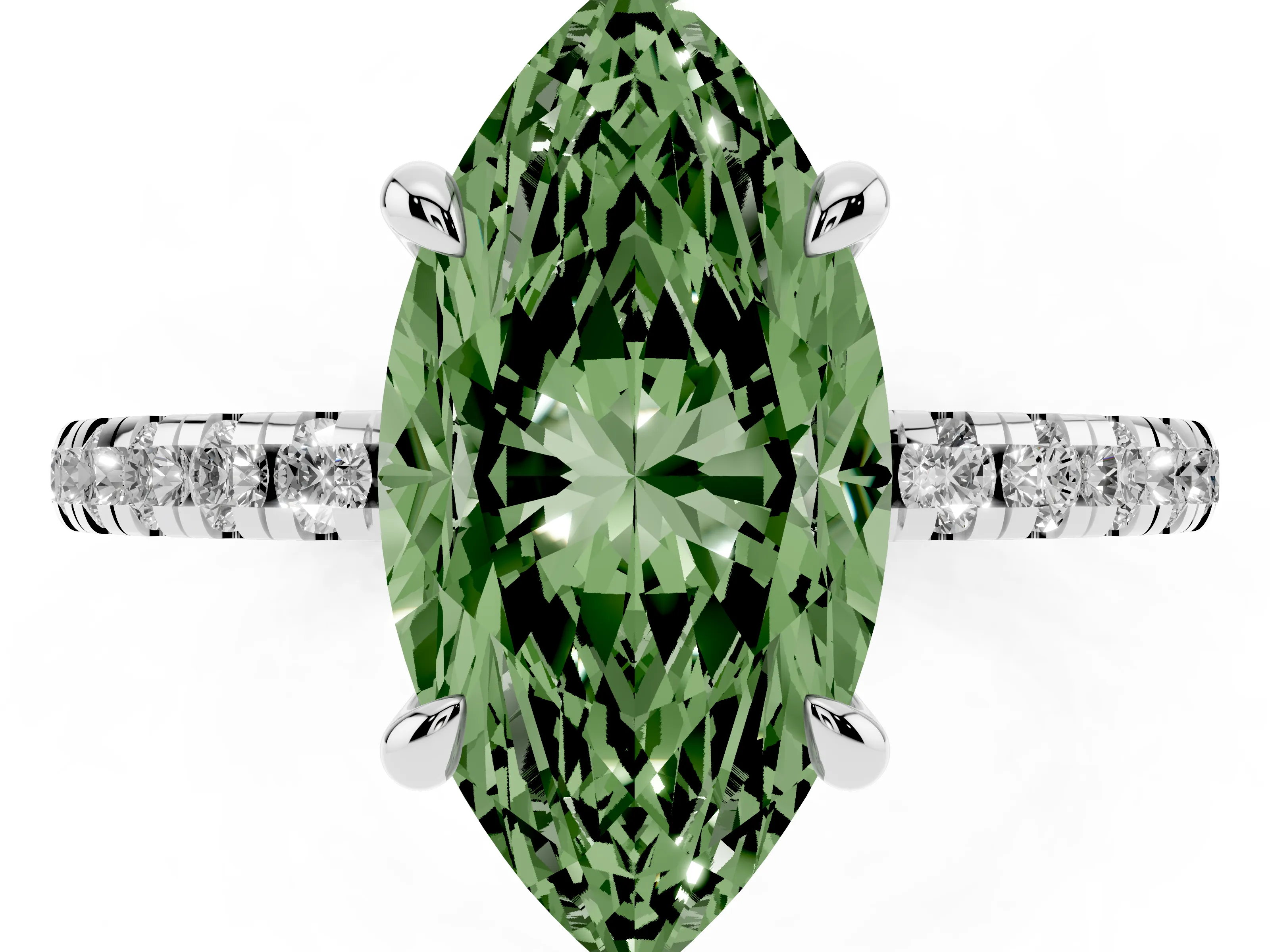 Fancy Green Marquise Cut Diamond Brilliant Solitaire Ring Set in White gold with Pavé Band and Prong Setting