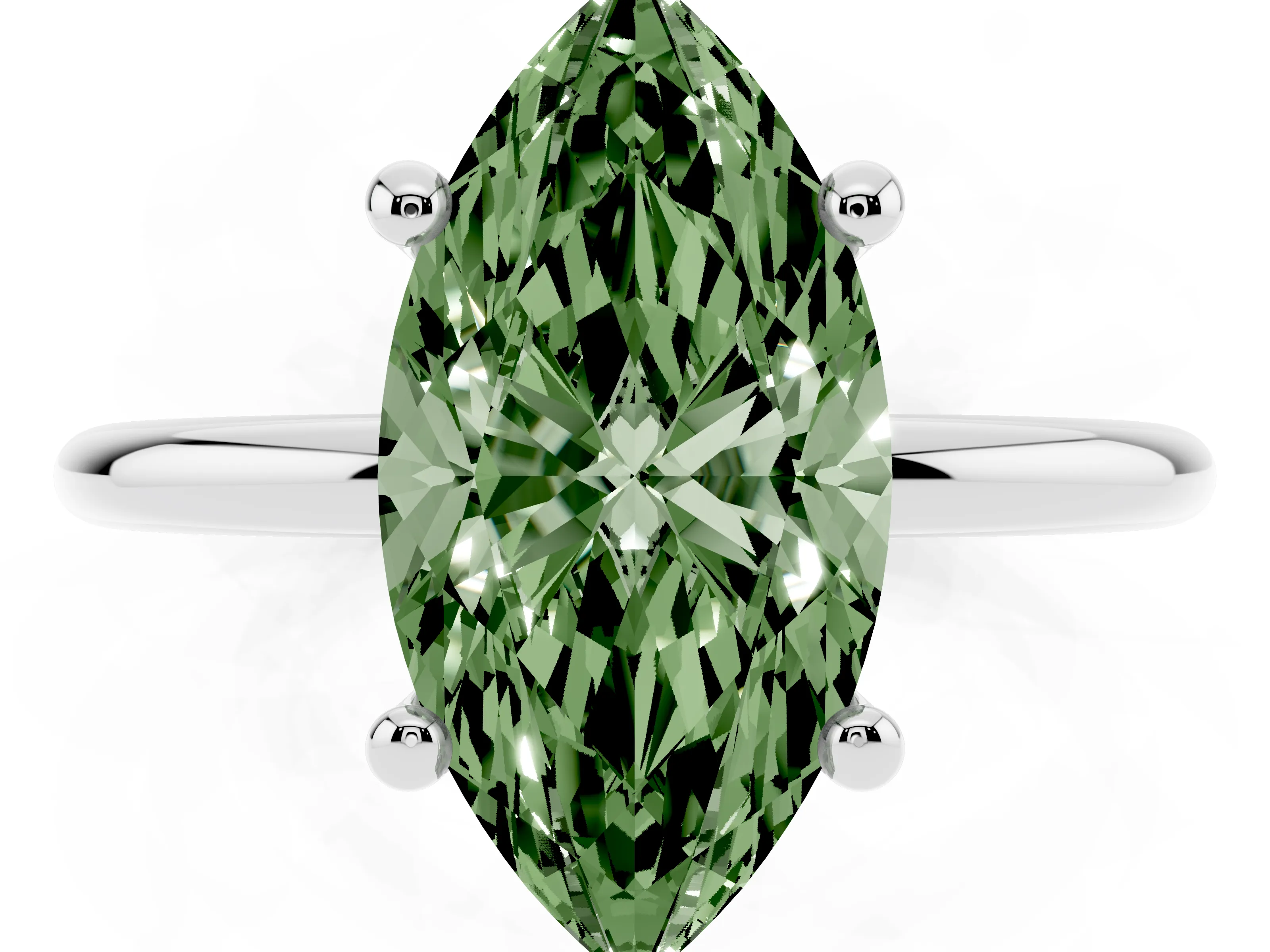 Fancy Green Marquise Cut Diamond Solitaire Ring Set in Platinum with Secure Prong Setting on a Classic Band