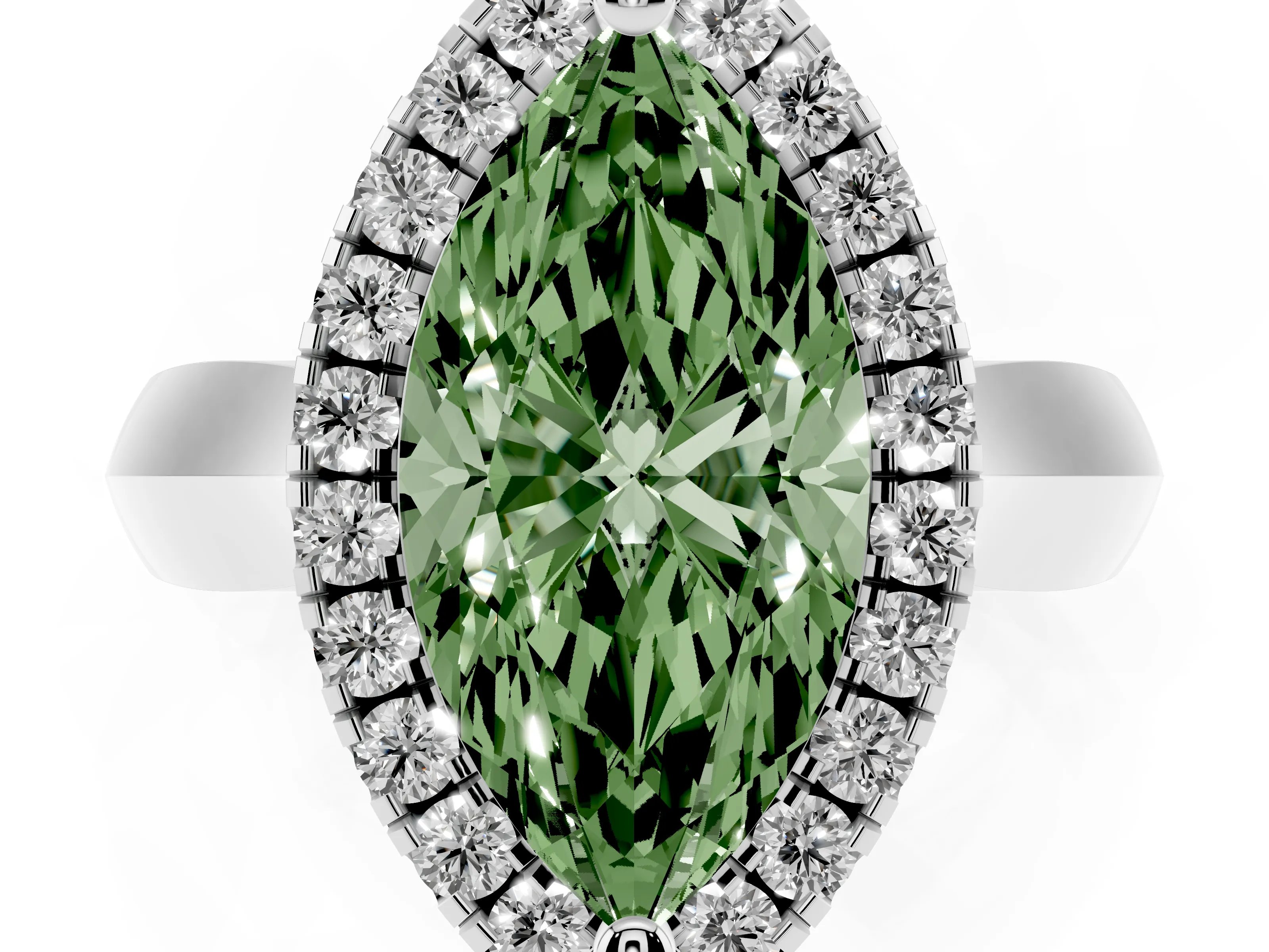 Fancy Green Marquise Cut Diamond Halo Solitaire Engagement Ring Set in Platinum with Square Band and Prong Setting