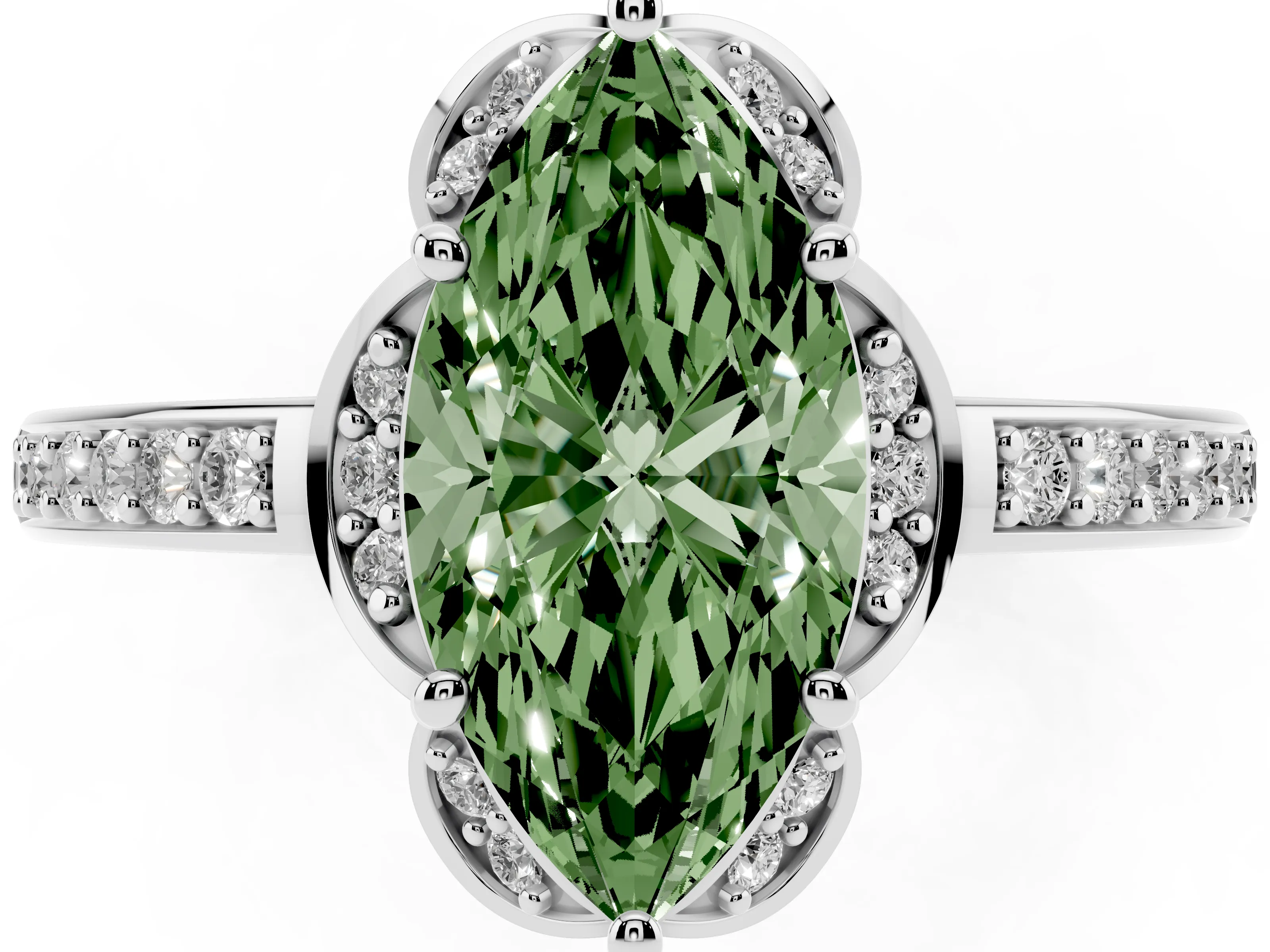 Fancy Green Marquise Cut Diamond Halo Ring Set in Silver with Channel Set Band and Prong Setting