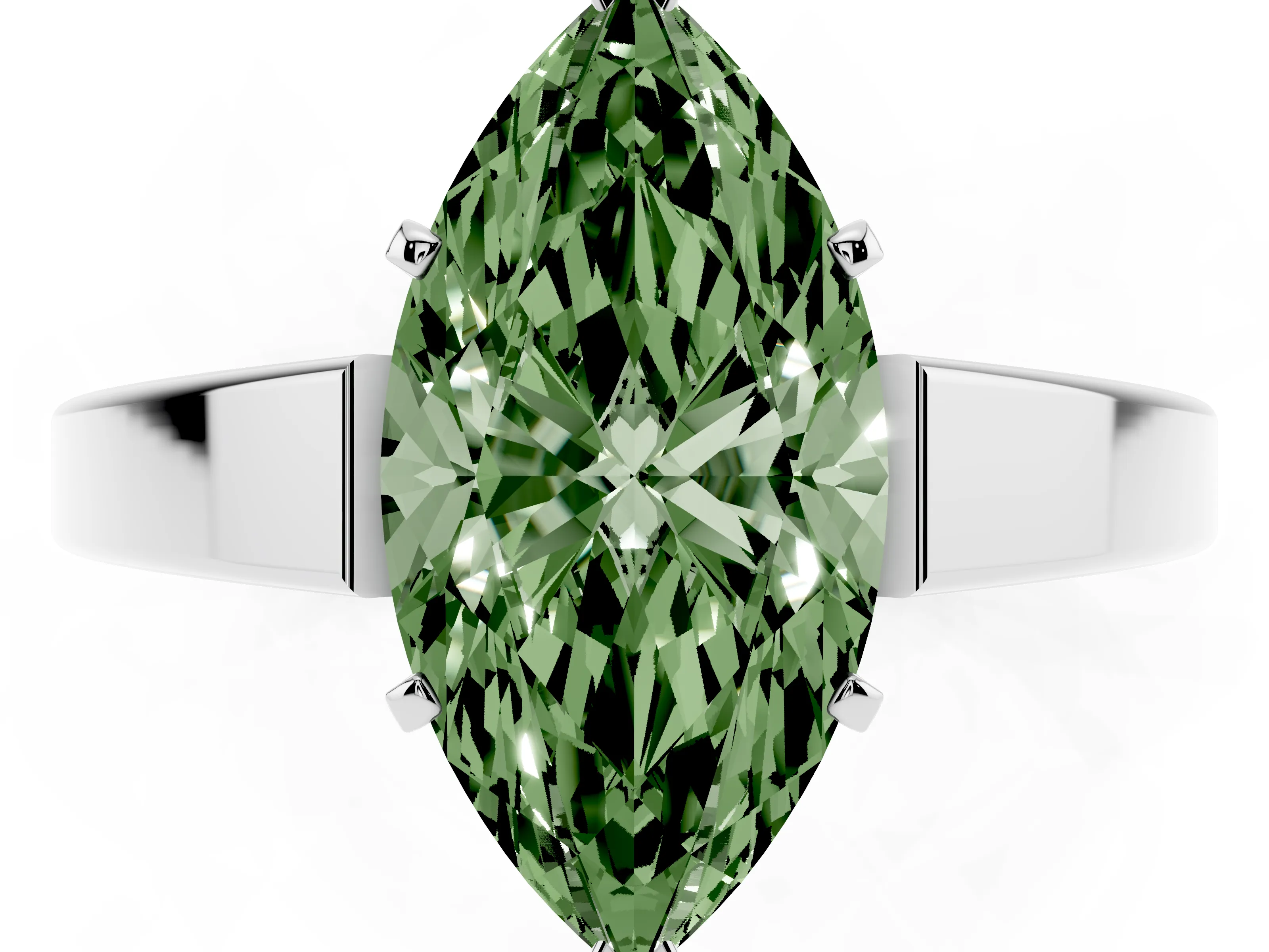 Fancy Green Marquise Cut Diamond Solitaire Engagement Ring Set in Platinum with Prong Setting and Tapered Band