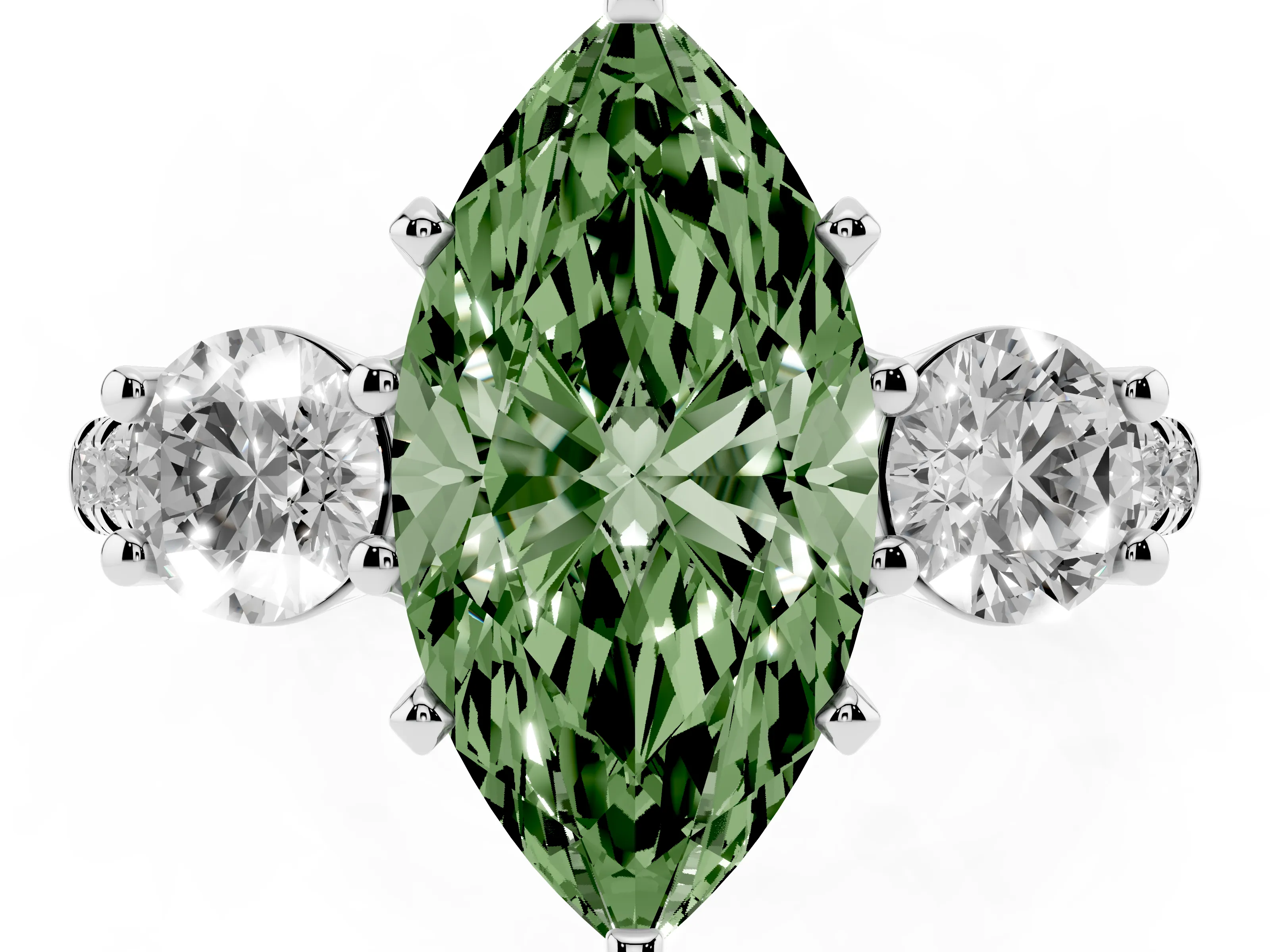 Fancy Green Three-Stone Marquise Cut Diamond Pavé Band Ring Set in Platinum with Prong-Set Trio