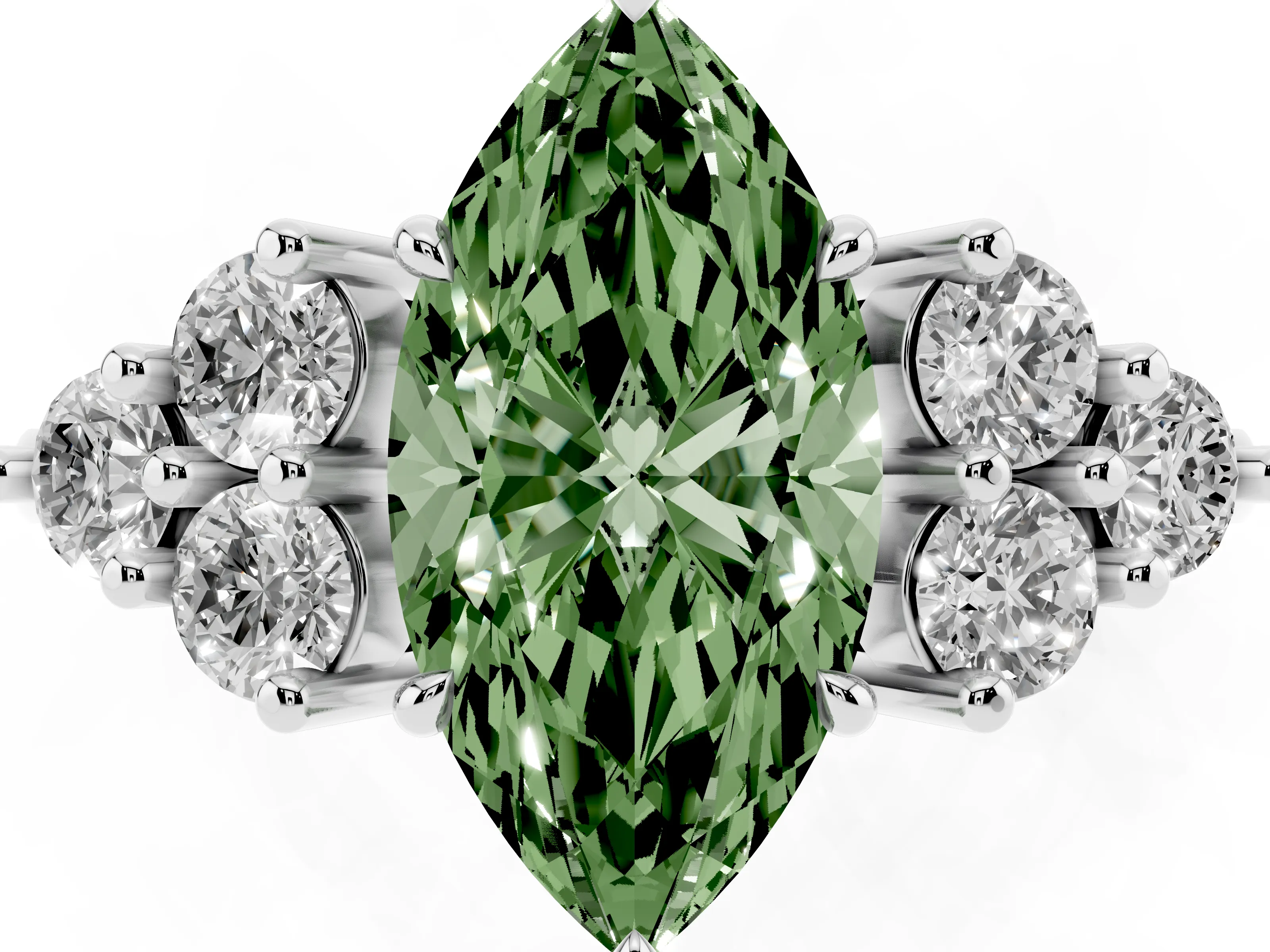 Fancy Green Marquise Cut Diamond Solitaire Ring Set in Silver with Cluster Accents on Each Side