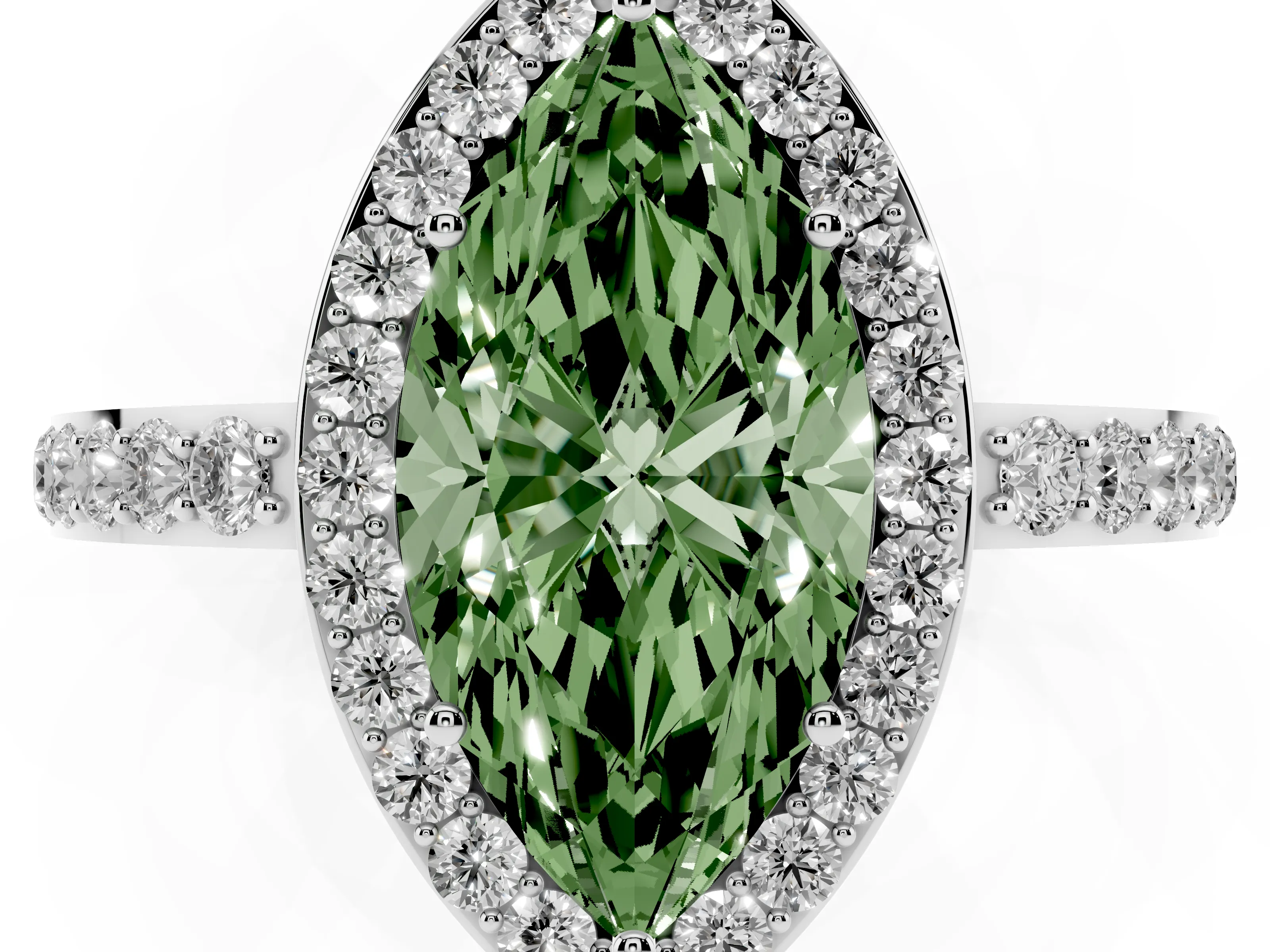Fancy Green Marquise Cut Diamond Halo Ring Set in White gold with Pavé-Setting Band and Open Prong Center