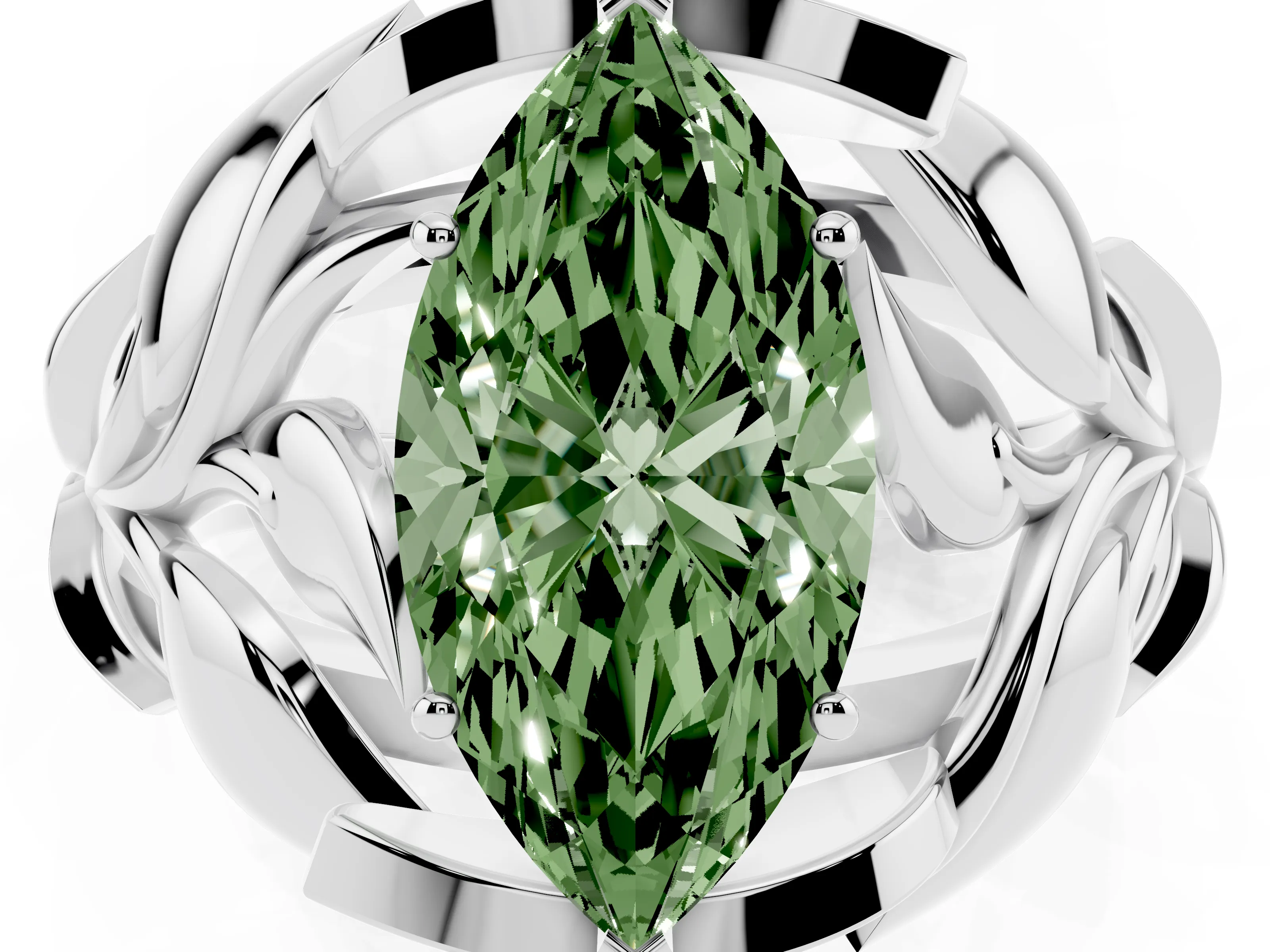 Fancy Green Marquise Cut Diamond Leaf-Inspired Engagement Ring Set in Platinum with Round Accents
