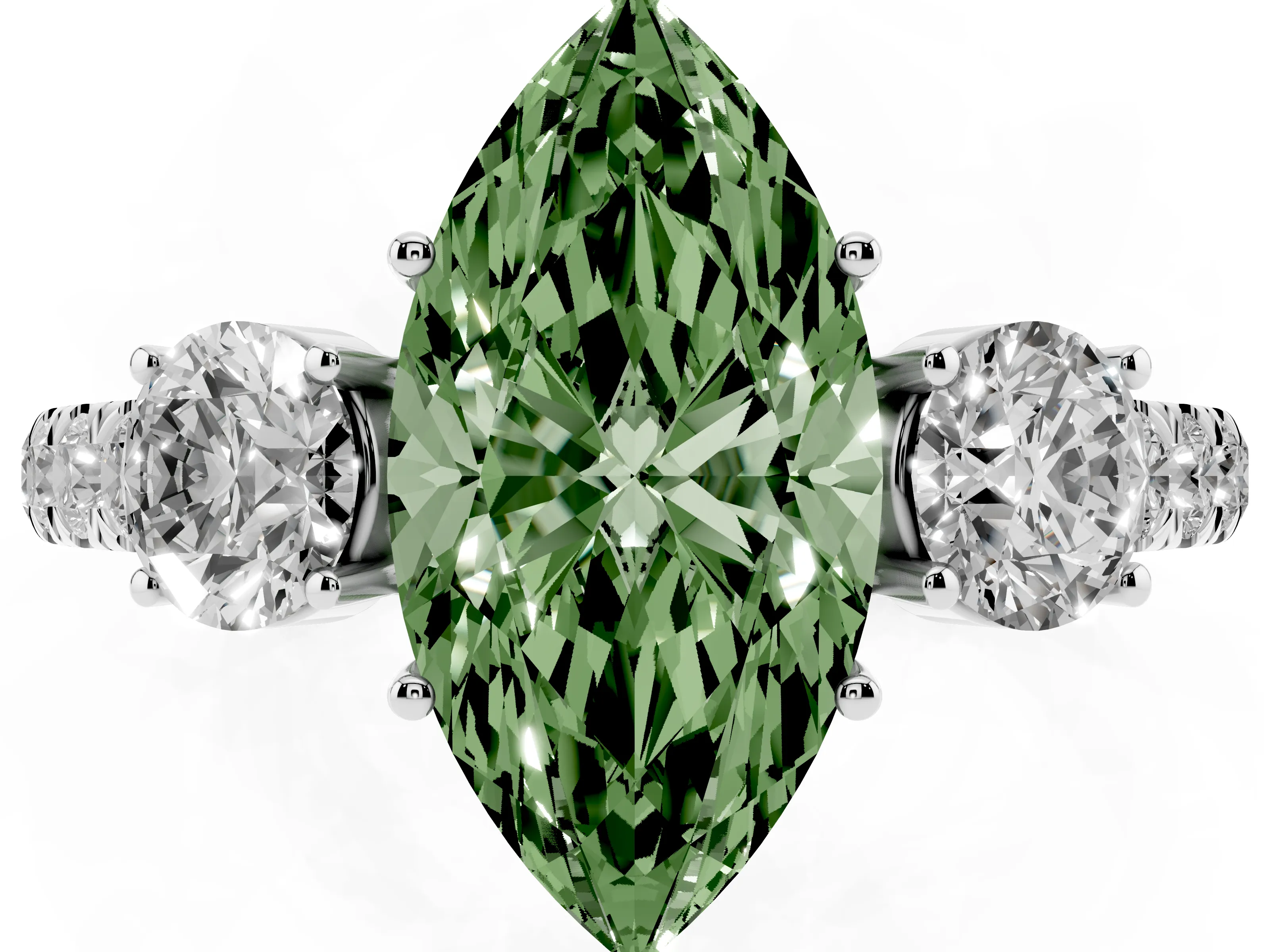 Fancy Green Marquise Cut Diamond Three-Stone Ring Set in Silver with Round Side Stones and Delicate Pavé Band