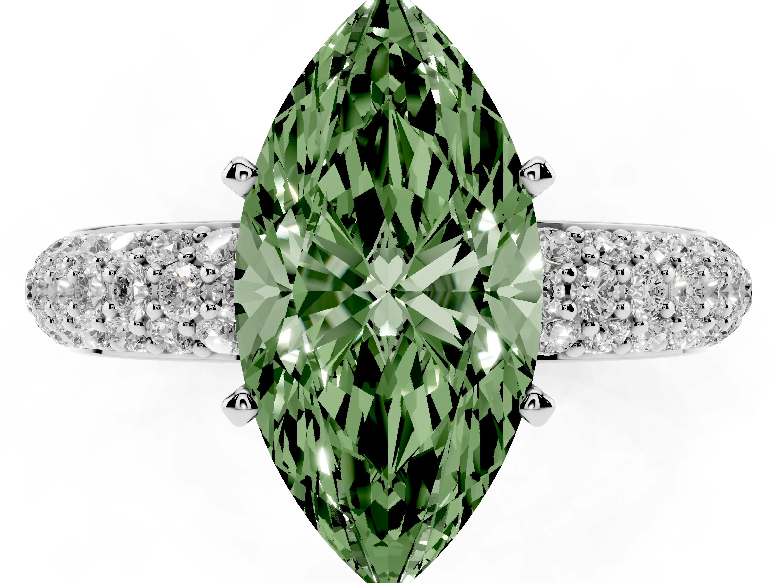 Fancy Green Marquise Cut Diamond Solitaire Ring Set in Platinum with Prong Setting and Pavé-Set Band