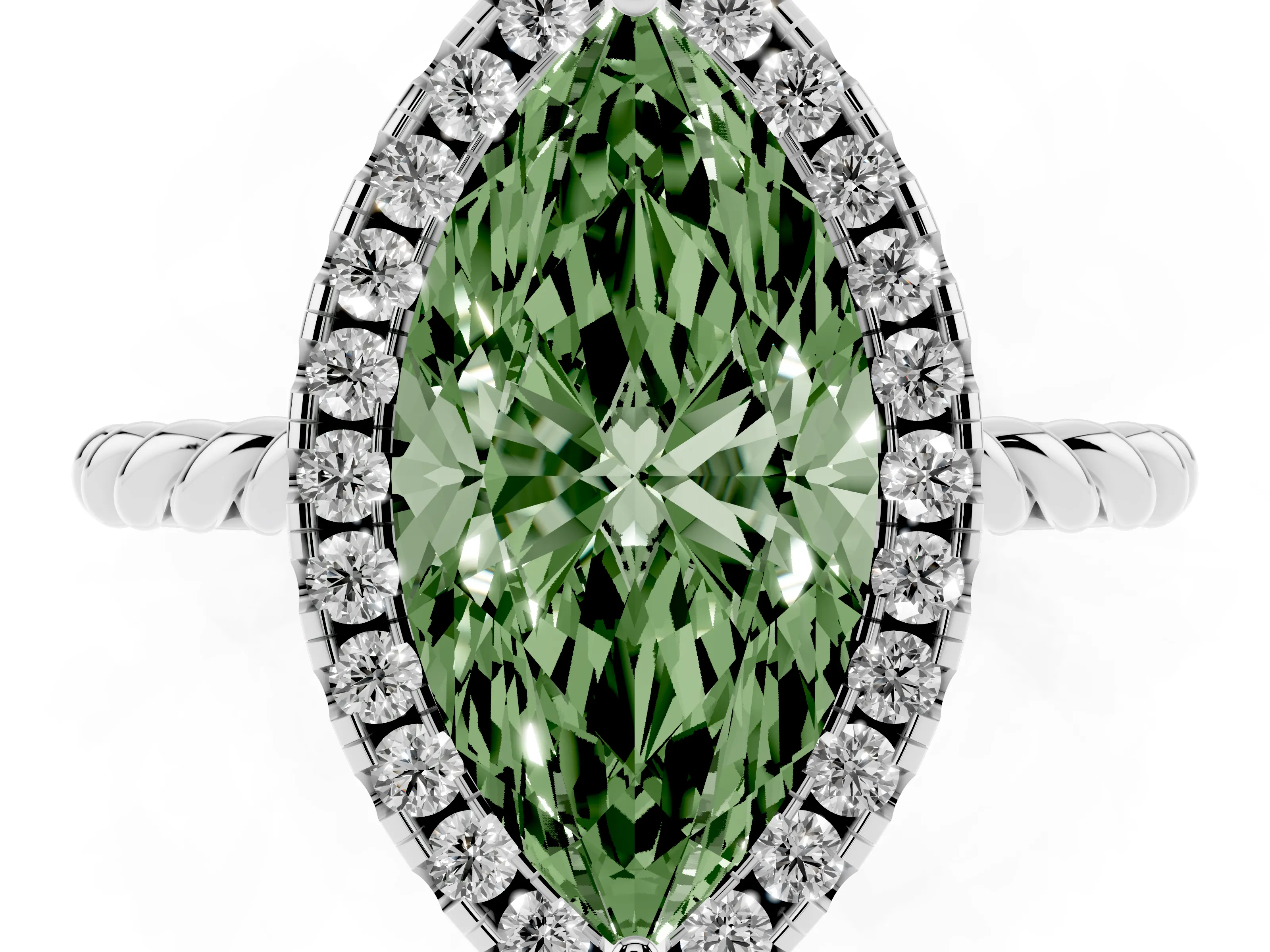 Fancy Green Marquise Cut Diamond Halo Ring Set in White gold with Plain Twisted Band