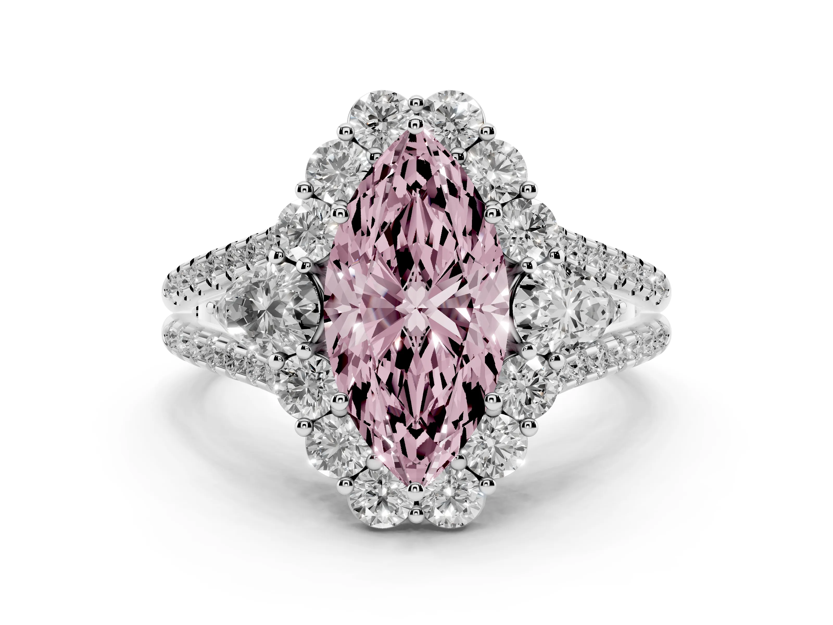 Fancy Pink Marquise Cut Diamond Halo Split Shank Engagement Ring Set in Silver with Prong-Held Center Stone